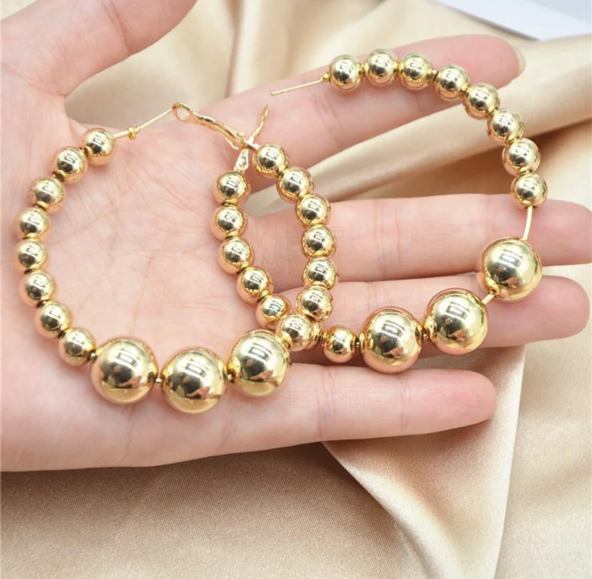 Large Beaded Hoop Earrings for Women 18k Gold Plated Elegant Statement Jewelry Lightweight Ball Hoops for Women Trendy fashion Accessories for Parties Gifts Fashion Accessory (Gold)