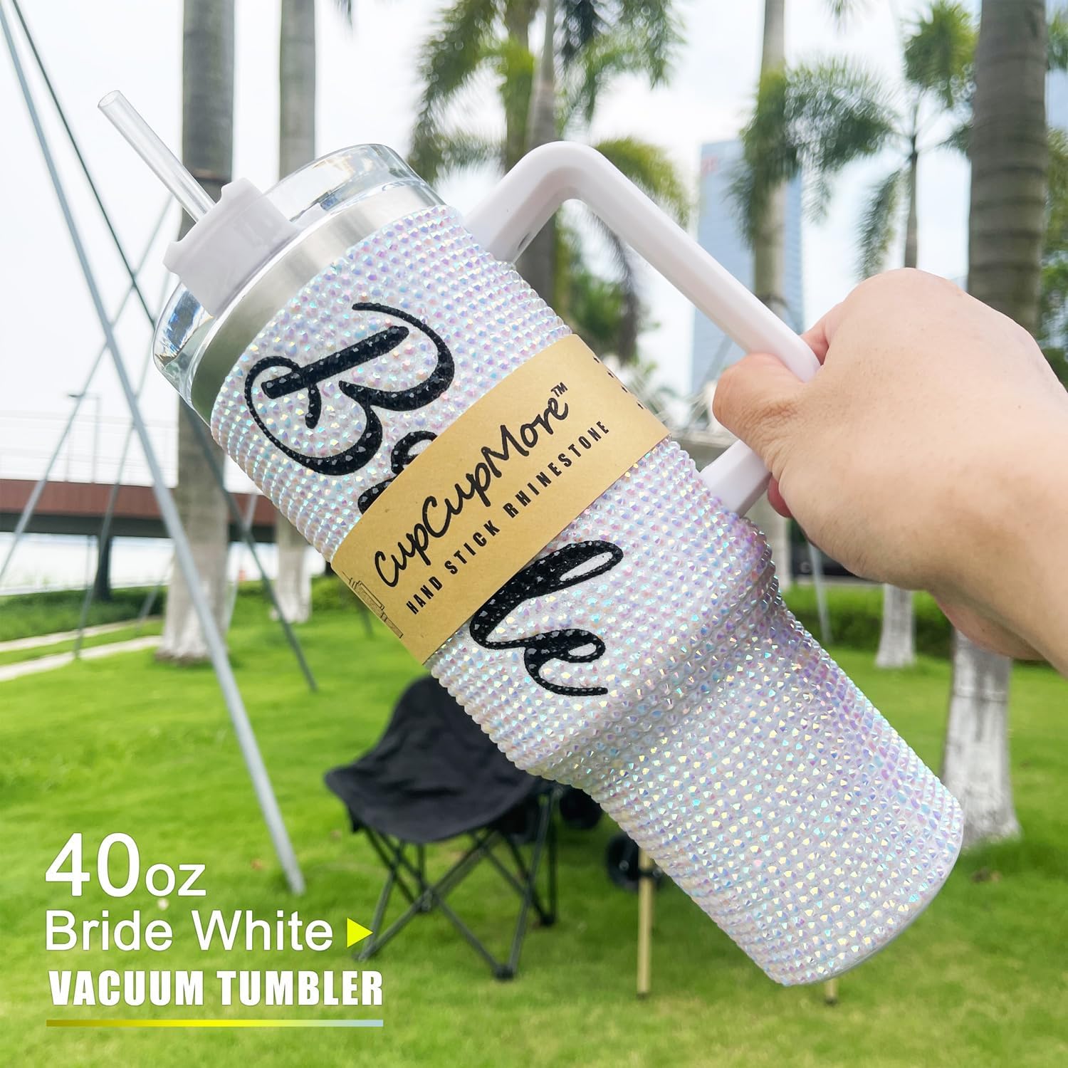 40oz Bride White Rhinestone Stainless Steel Sippy Tumbler Glitter Vacuum Insulated Water Bottle with Straw & Lid &Handle,Sparkle Car Cup Holder,Keeps Cold 12 Hours Drinks,Coffee