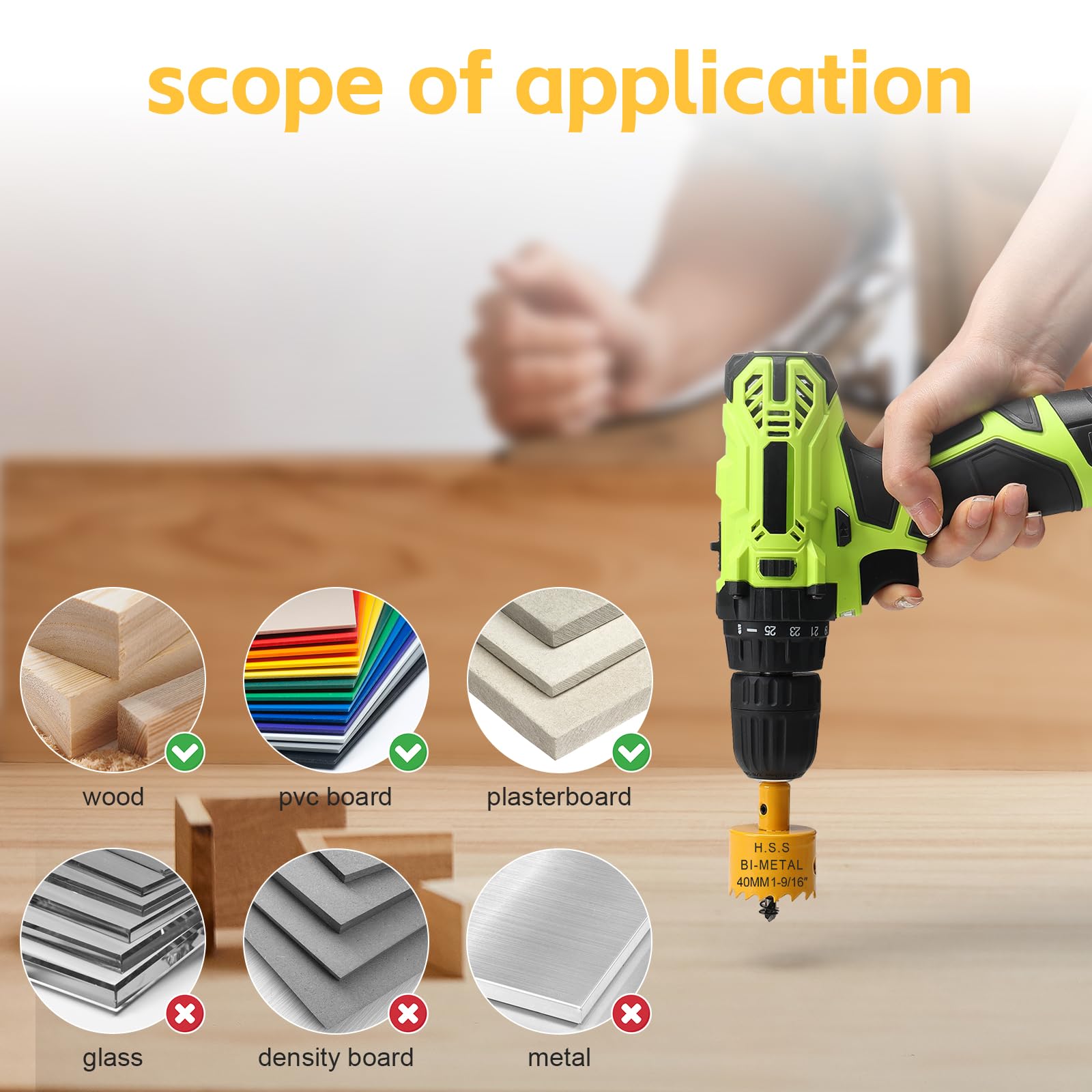 40mm Hole Saw, HSS Bi-Metal Hole Cutter with Drill Bit for Wood Plastic, PVC, Fiberglass and Plasterboard, Yellow - Image 2