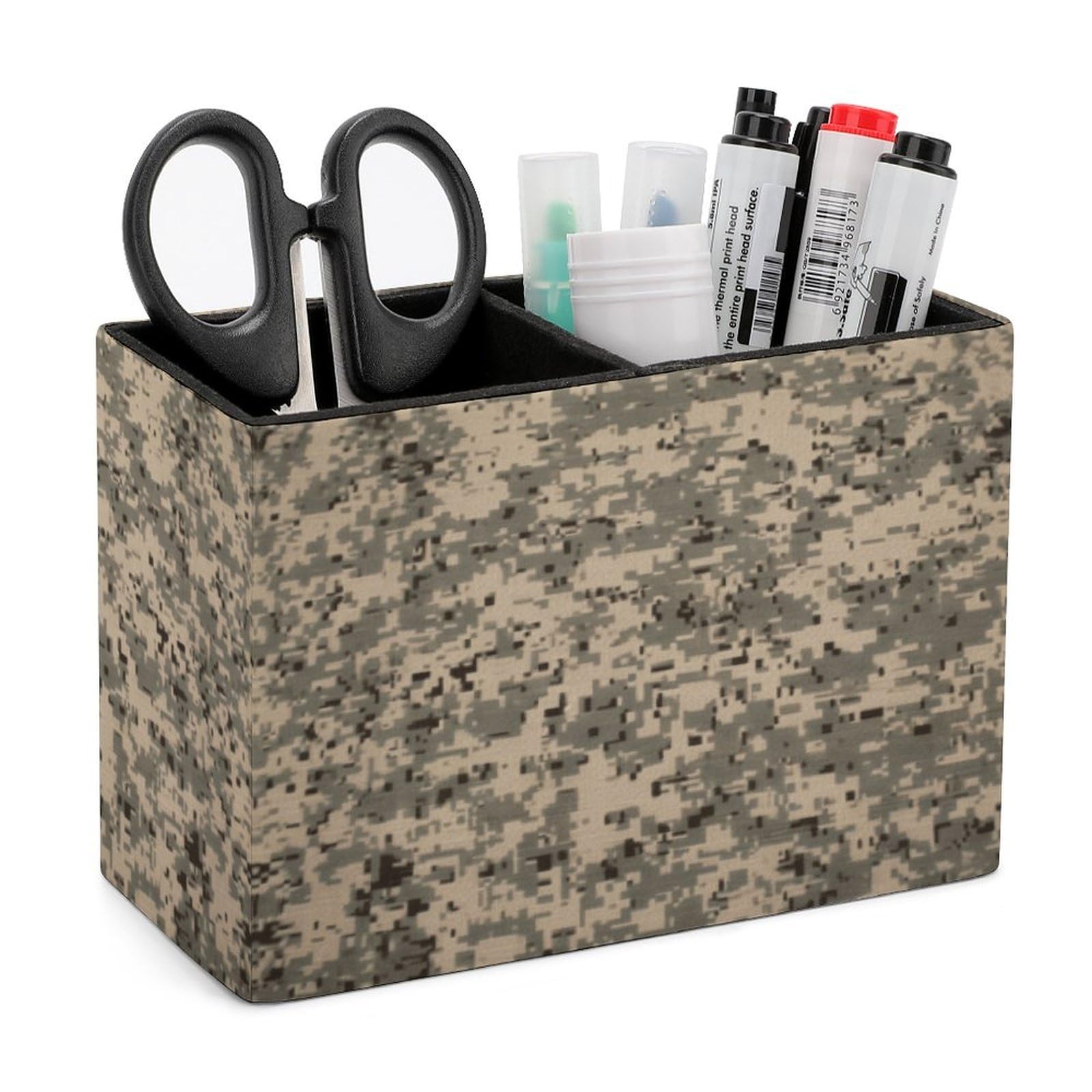 HKMNTGD Pen Holder for Desk,Army Digital Camouflage Printed Square Leather Pencil Holder Double Compartments，Desktop Organizer Office Accessories Container Box