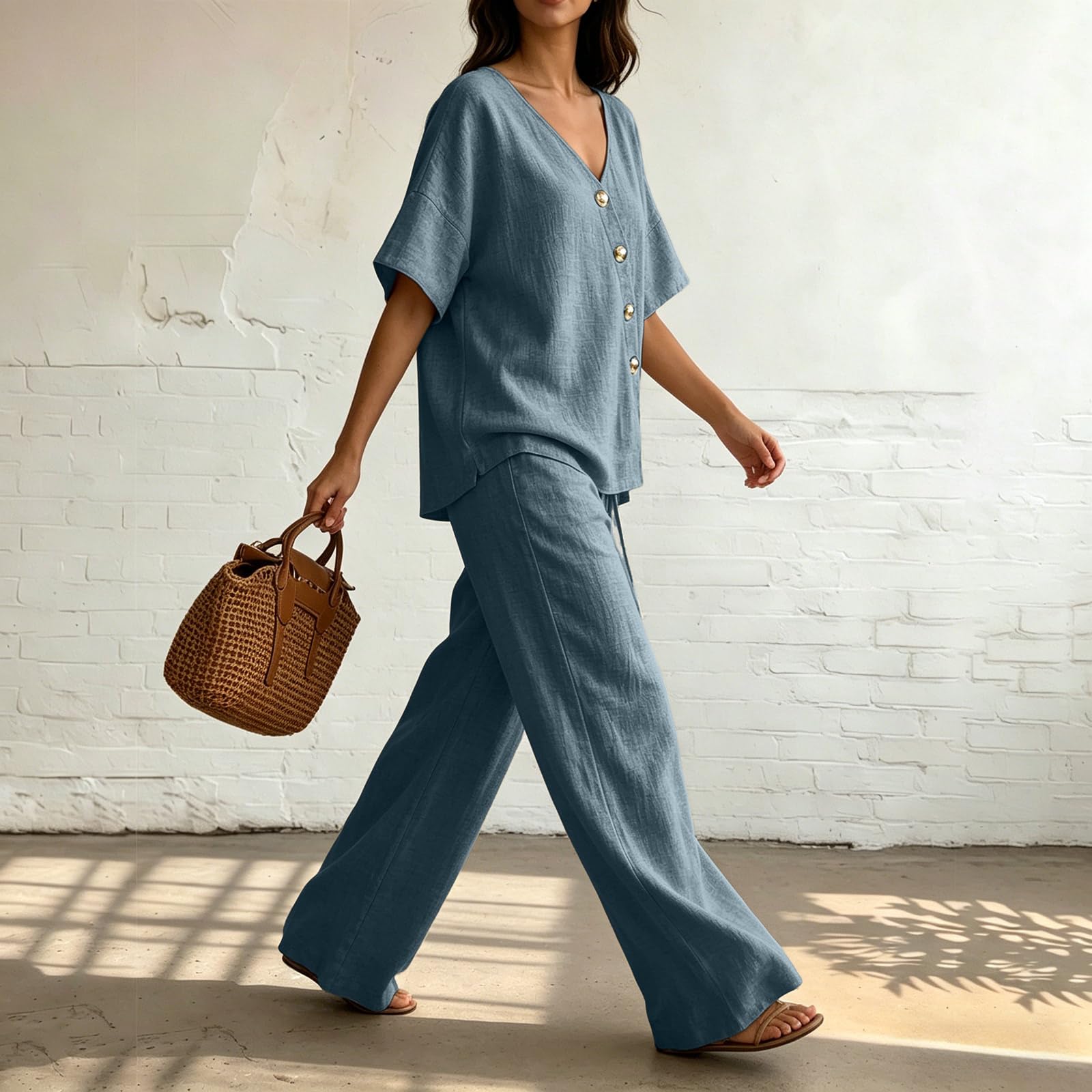 Ensemble Femme Chic Et Elegant Ete Pantalon Large Haut Fluide Tenue D'été 2 Pièces Pour Femme Élégant Tenue Décontractée Léger Respirant Tailleurs Chemisier Vetement pour Sorties Quotidiennes