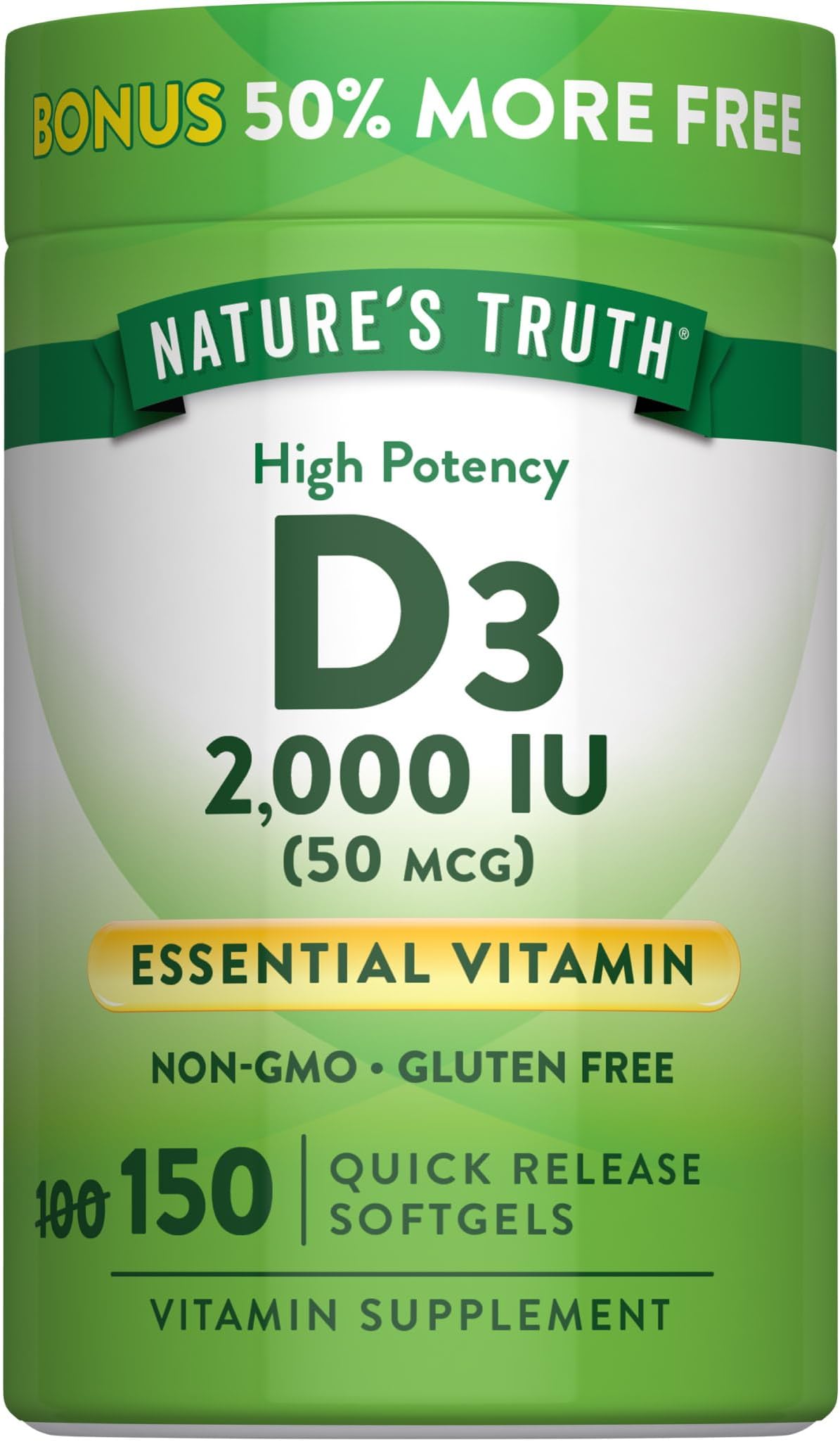 Nature's Truth Vitamin D3 2000 IU Softgels for Adults | 150 Count | High Potency | Non-GMO and Gluten Free Supplement