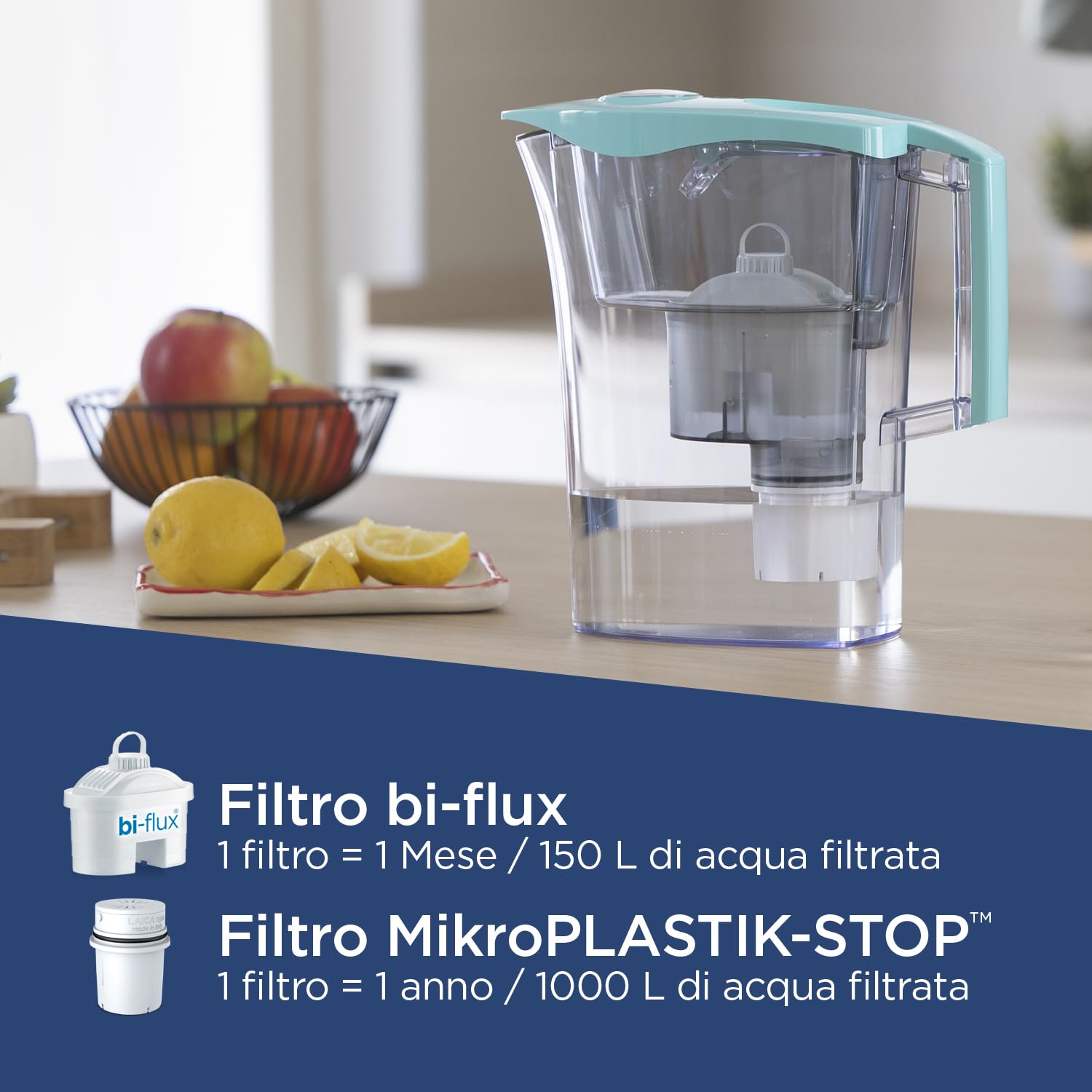 LAICA MikroPLASTIK-STOP Jarra filtrante – 3L – Azul – con 1 filtro bi-flux y 1 filtro MikroPLASTIK-STOP, conserva las sales minerales y reduce los microplásticos – Temporizador analógico – Fabricado