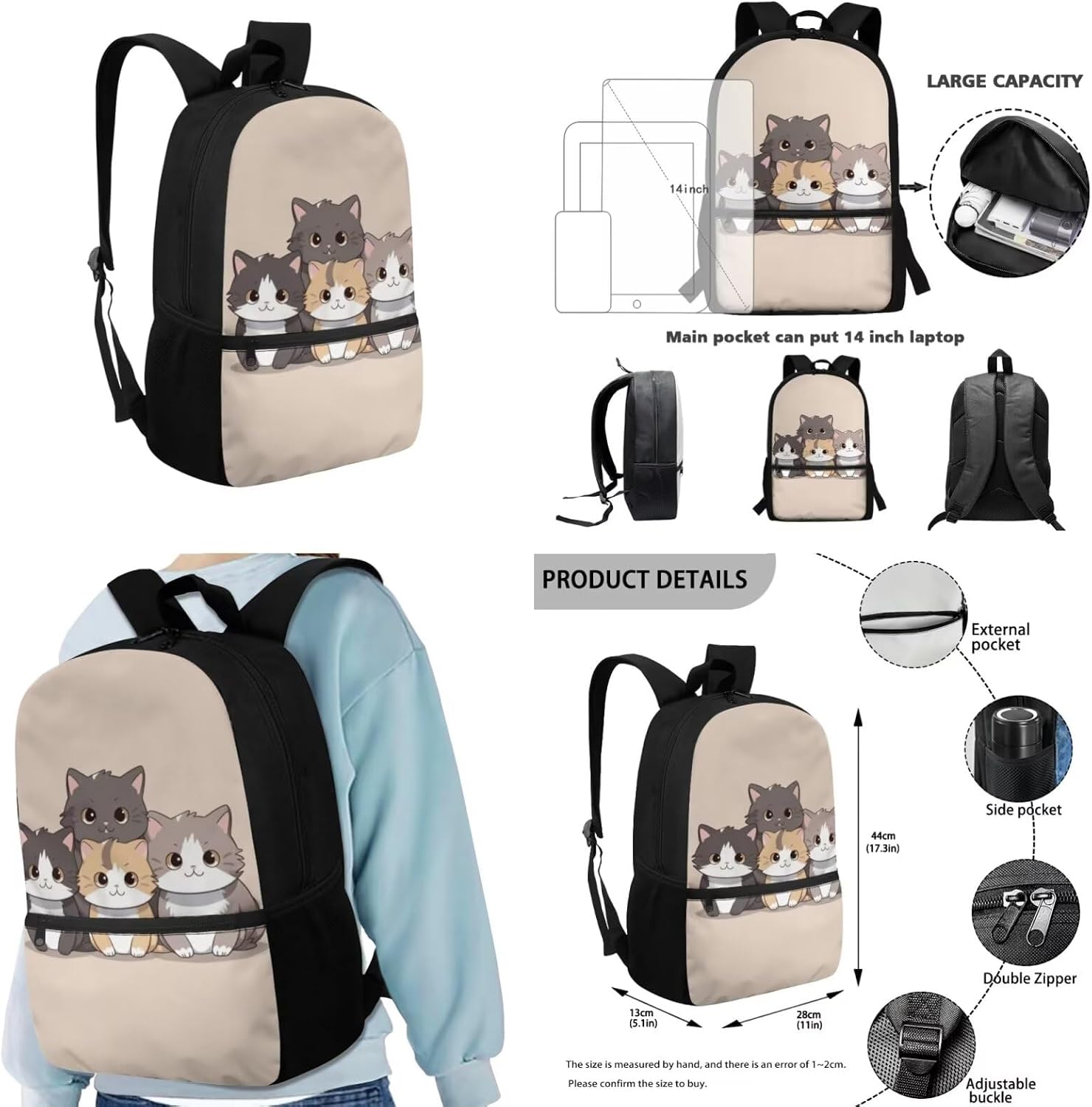 Kids Backpacks Set Lovely Cats Backpack with Lunch Bag Pencil Case and Wristlet Keychain Trendy 17 Inch School Bag 4 in 1 for Teens Back to School Supplies Laptop Backpack Gifts