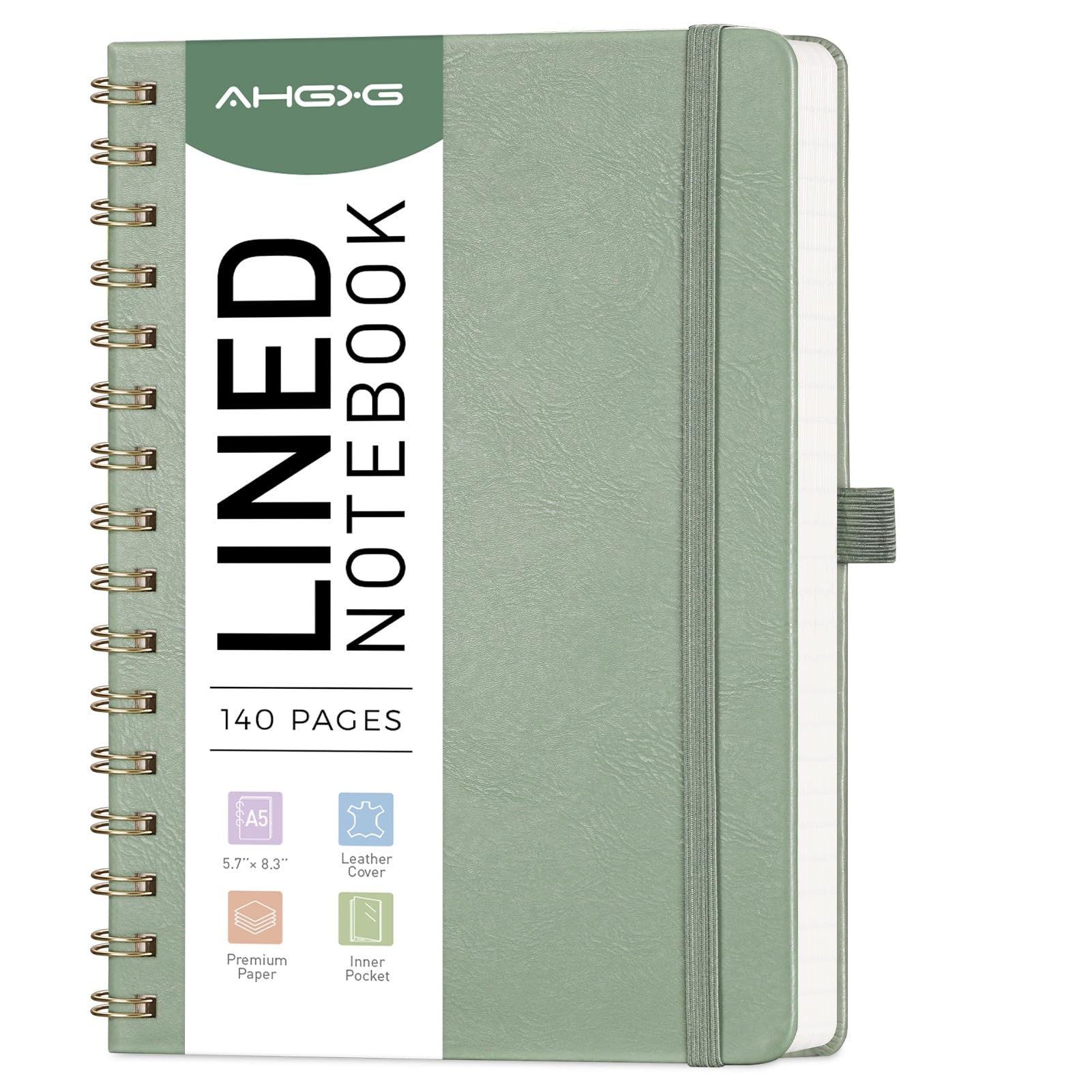 AHGXG Lined Spiral Journal Small Notebook for Women, Notebook College Ruled A5 5.7" X 8.3", 140 Numbered Pages, Hardcover Leather, Meeting Notebook for Work, School Office Supplies, Sage Green