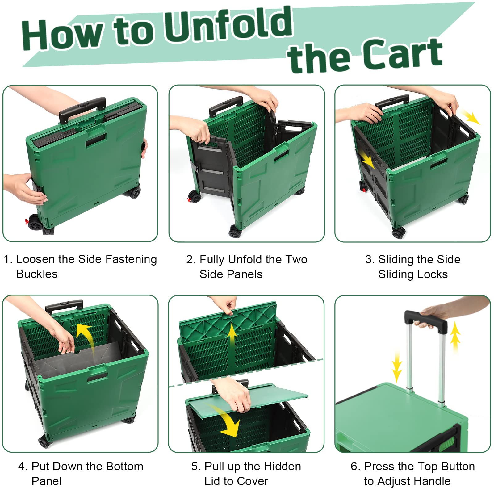 Pieghevole trolley spesa su 4 ruote, Carrello Portaoggetti con Manico Telescopico Regolabile, Cestino Spesa Portatile Resistente da 50 kg con Coperchio per Spesa/Campeggio - Verde/Nero