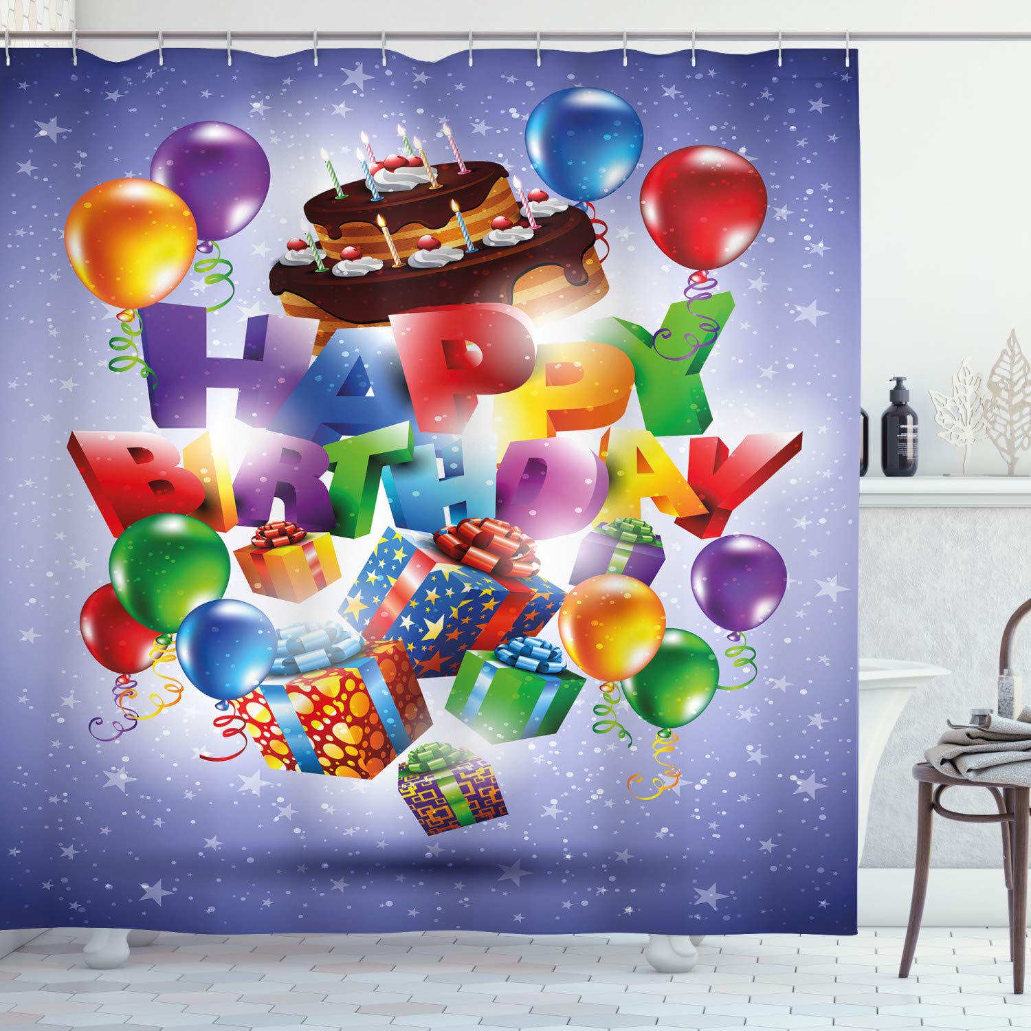 Happy Birthday Shower Curtain – 70x70 Inch Party Decor With Balloons & Cake