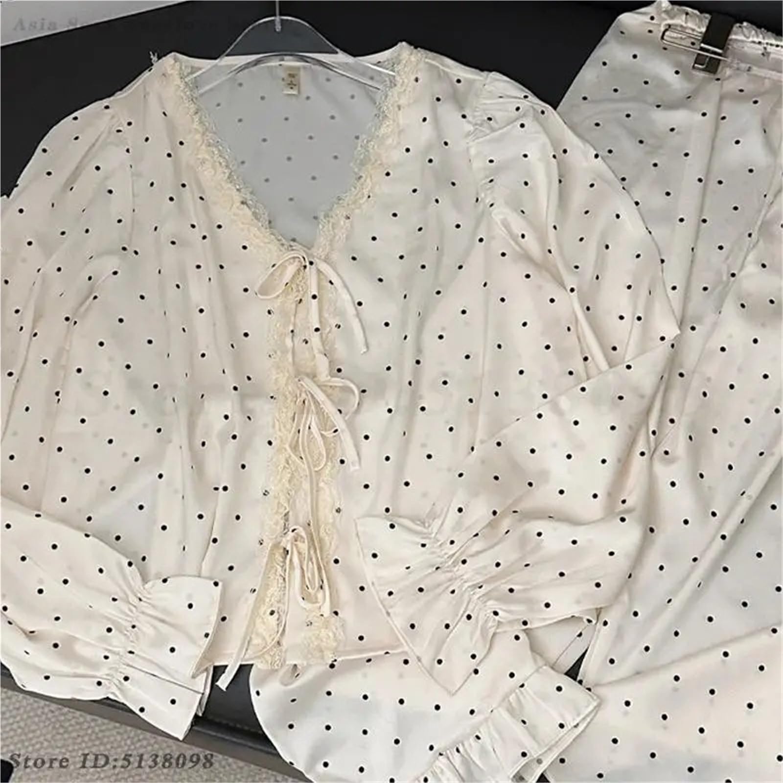 Conjunto de Pijama 2 uds con Borde Volantes Lunares, Ropa Dormir Seda Helada for Primavera y Verano, Holgada Suave Manga Larga Cuello en V for Mujer para Descanso en casa