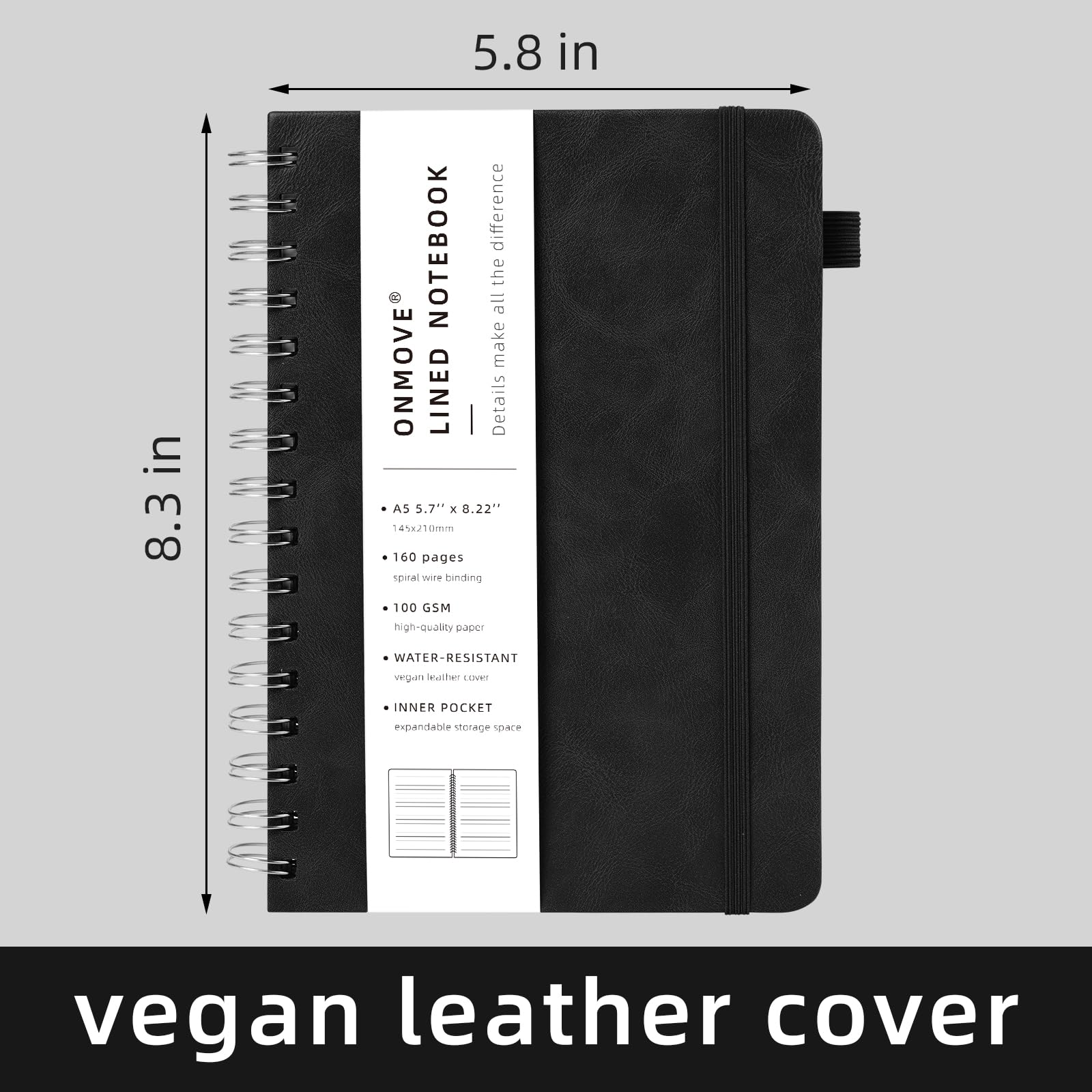 OnMove Lot de 24 carnets à spirale pour homme et femme avec couverture rigide en cuir et porte-stylo - Format A5 - 160 pages - Papier épais de 100 g/m² - Pour le travail et l'école (noir)