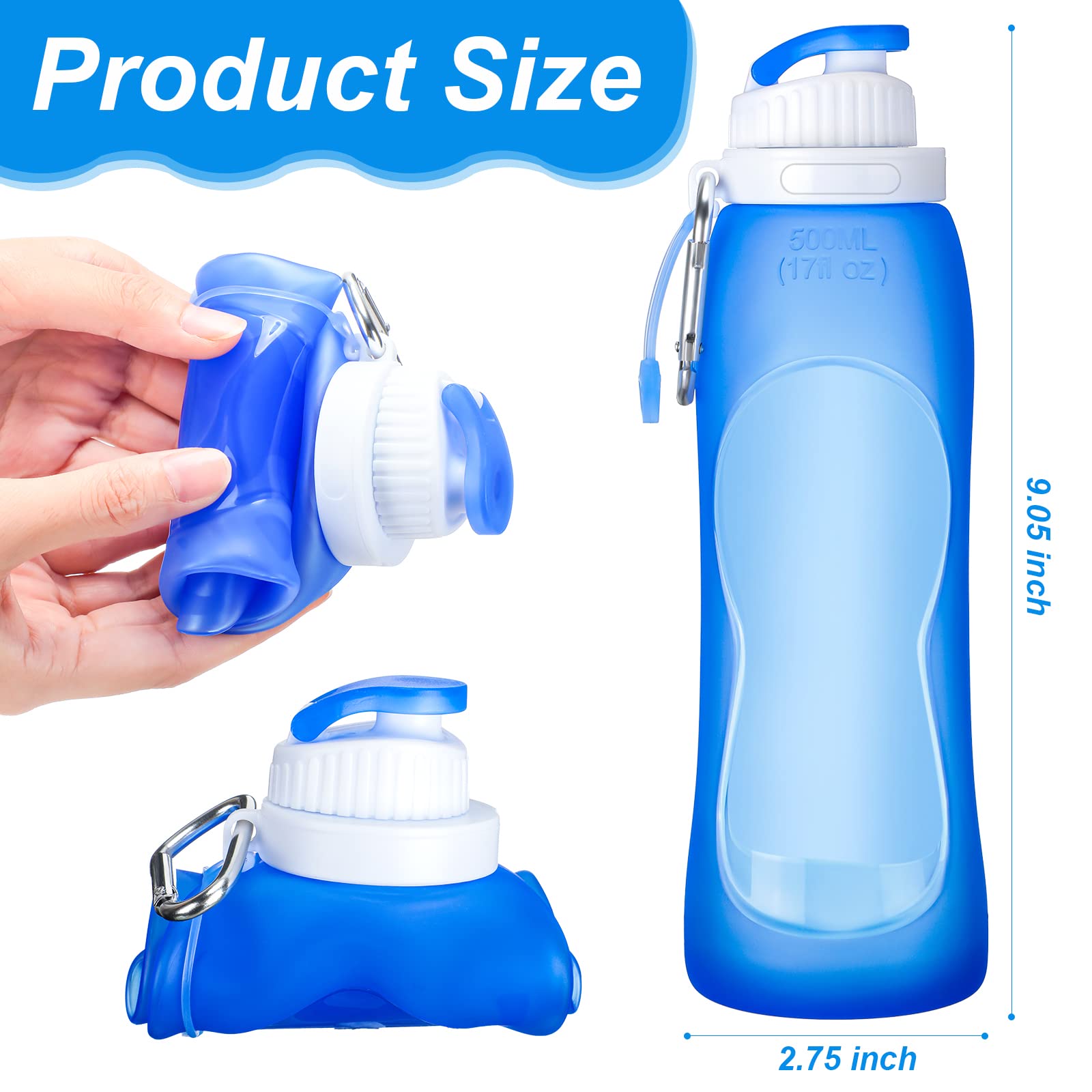 4 botellas de agua plegables de 17 onzas, 500 ml, botella plegable enrollable, de silicona, a prueba de fugas, para deportes, viajes, equitación, camping, senderismo, mochila
