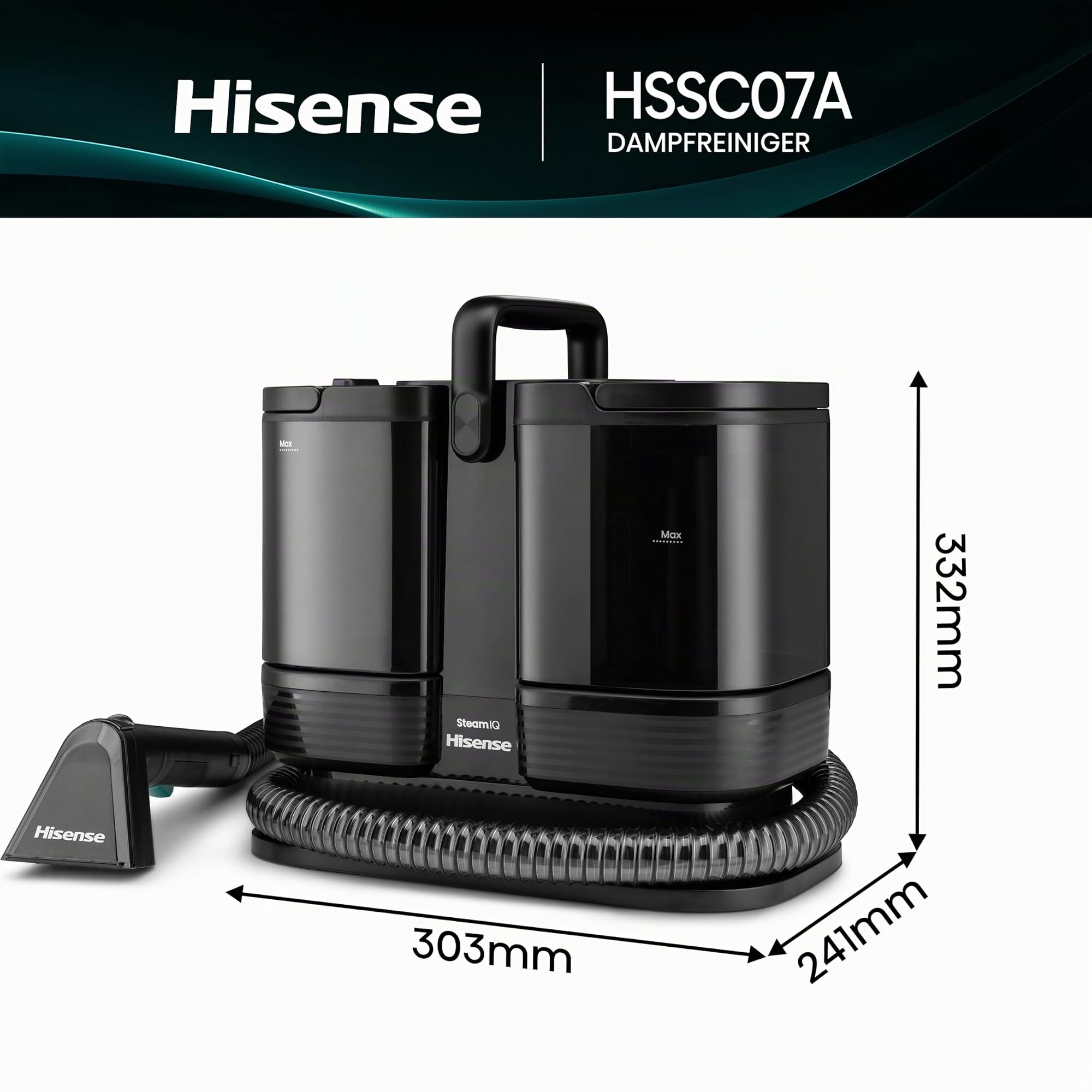 Hisense HSSC007A Dampfreiniger/ 1,8 L Wassertank/ 1500 W/ 2 in 1 Flecken- und Dampfreiniger/ 4 Reinigungsmodi/Kompakt/Selbstreinigungsfunktion/Fugenbürste, Detaildüse, Schaber und Universalbürste