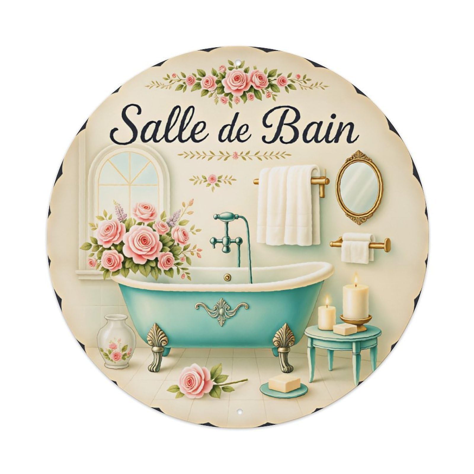 Ldfuieksufg Style French Rose Vintage Bathroom Farmhouse Round Wall Sign Vintage Aluminium Metal Sign, Retro Wall Decor For Home, Bar, Garage & Farmhouse 20X20cm