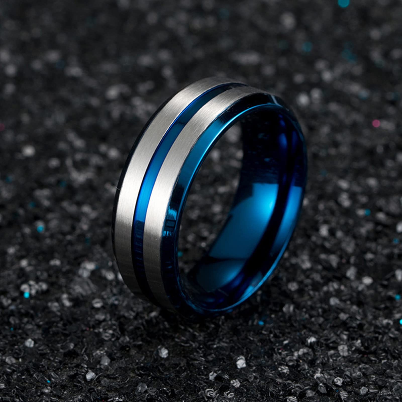 Anelli per Coppie in Acciaio Inossidabile, Anelli per Lui e per lei Anello Personalizzato in Argento Spazzolato Blu da 8 mm dalla Taglia L 1/2 alla Taglia N 1/2