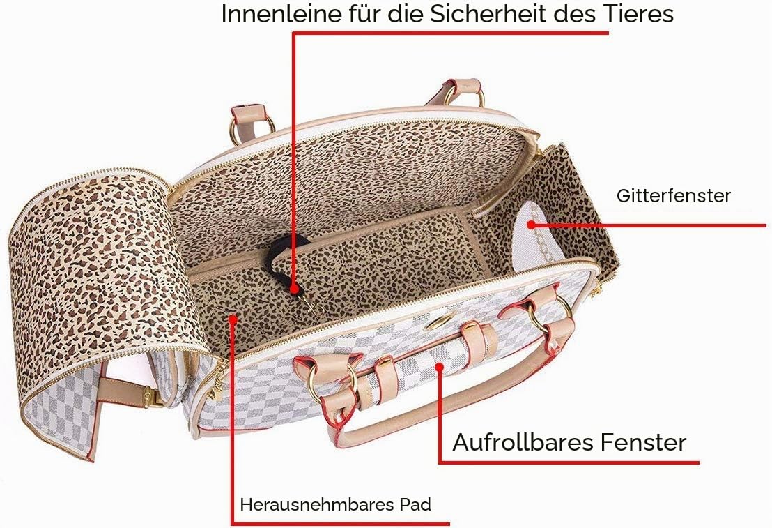 Hundewelpen Chihuahua Geschenk Pudel Tasche Set Faltbare Kätzchen Flugzeug Handtasche Kann für kleine Haustier-Reisetaschen verwendet werden (L, Braun-Weiß-Quadrat)