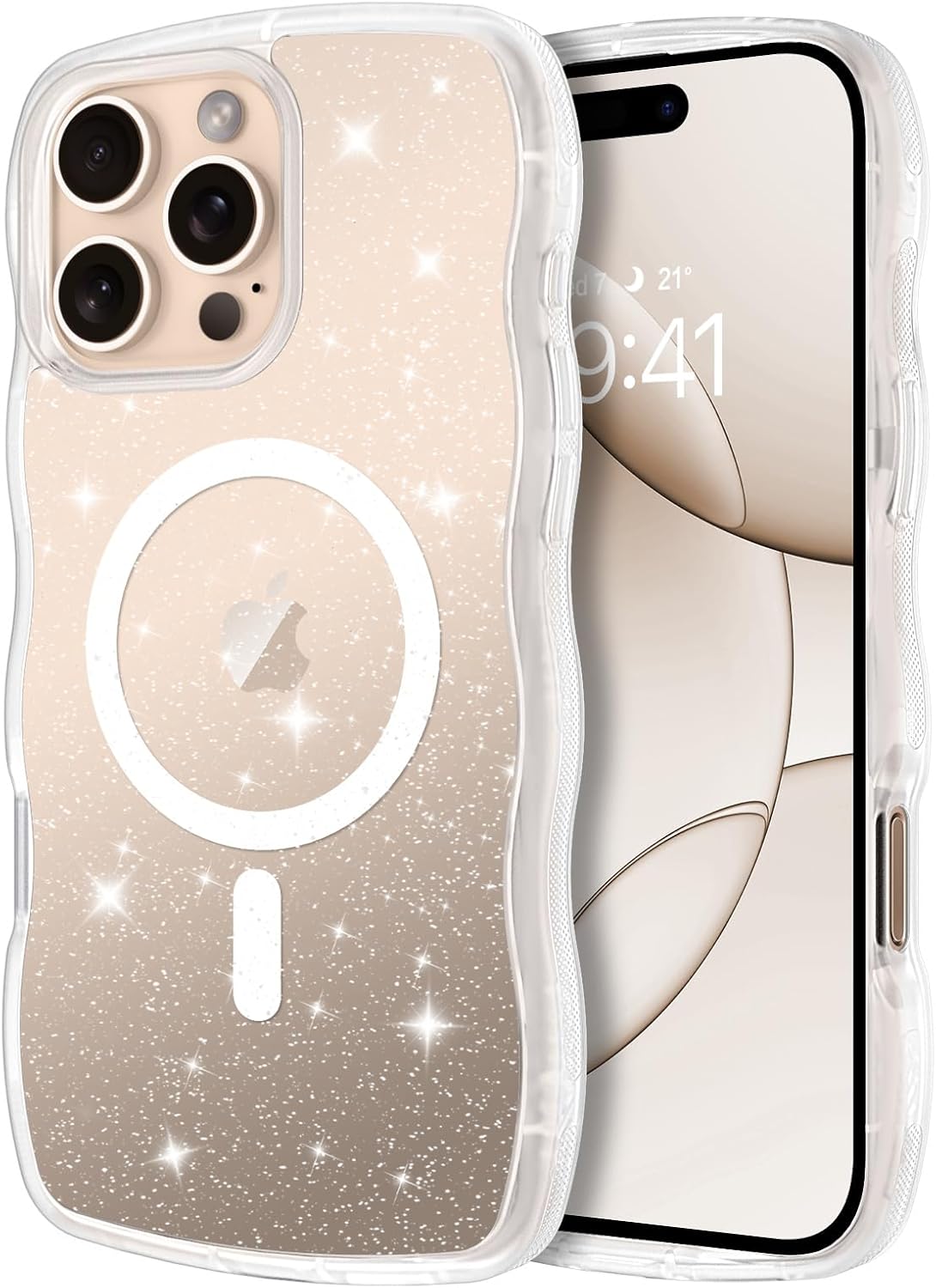 Telaso for iPhone 16 Pro Max Case, Compatible with Magsafe Glitter Bling Sparkly PC Back Wave Frame Designed TPU Bumper Protective Magnetic Case iPhone 16 Pro Max for Women Girls, Glitter Clear