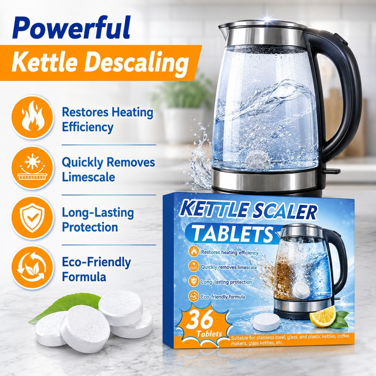 Kettle Descaler Tablet 36 Pcs, Citric Acid Limescale Remover for Kettles, Coffee Makers, Irons and Shower Heads, Powerful Descaling Tablets for Home Appliances