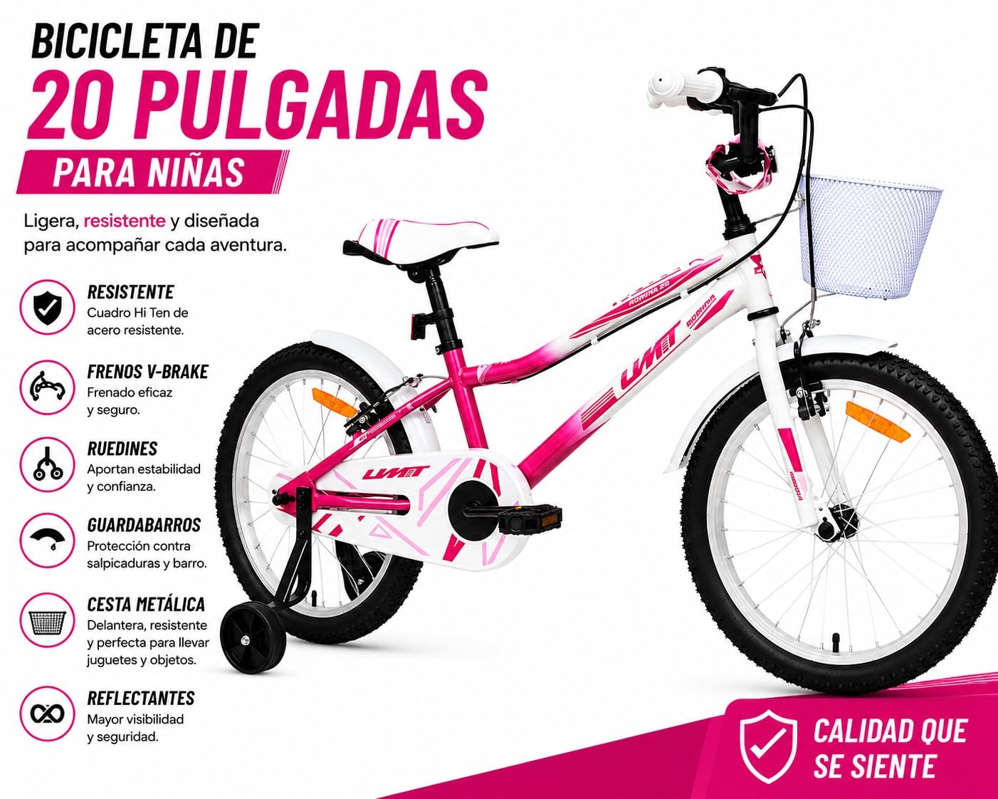 Bicicleta 20 Pulgadas niña | Bicicleta niña 6-9 años + Frenos V-Break + Estabilizadores + Cuadro Acero | Segura y Resistente