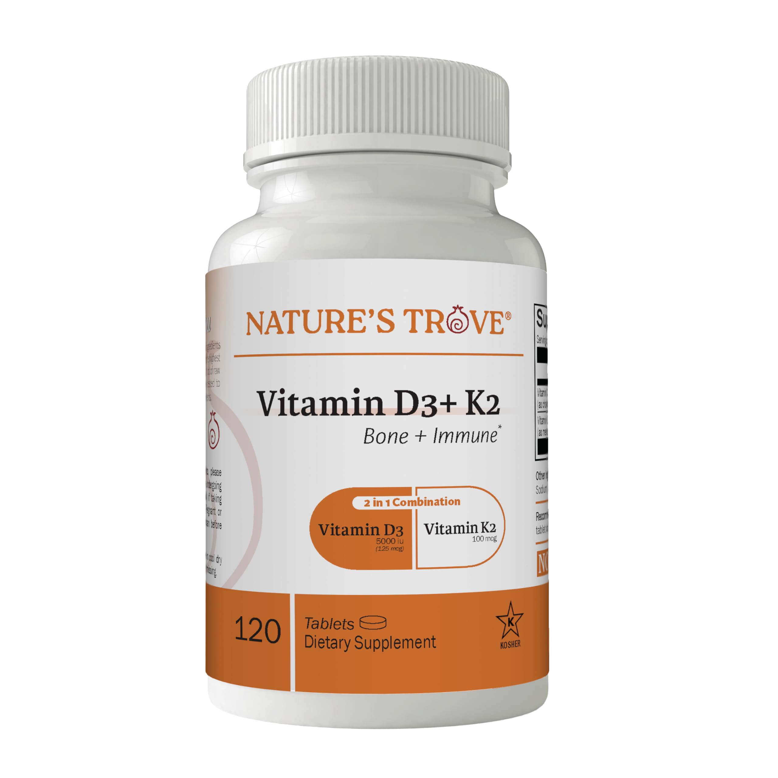 Nature's Trove Vitamin D3 5000 IU Plus K2 100mcg for Bone Health & Immune Support - 120 Tablets - 2-in-1 Formula