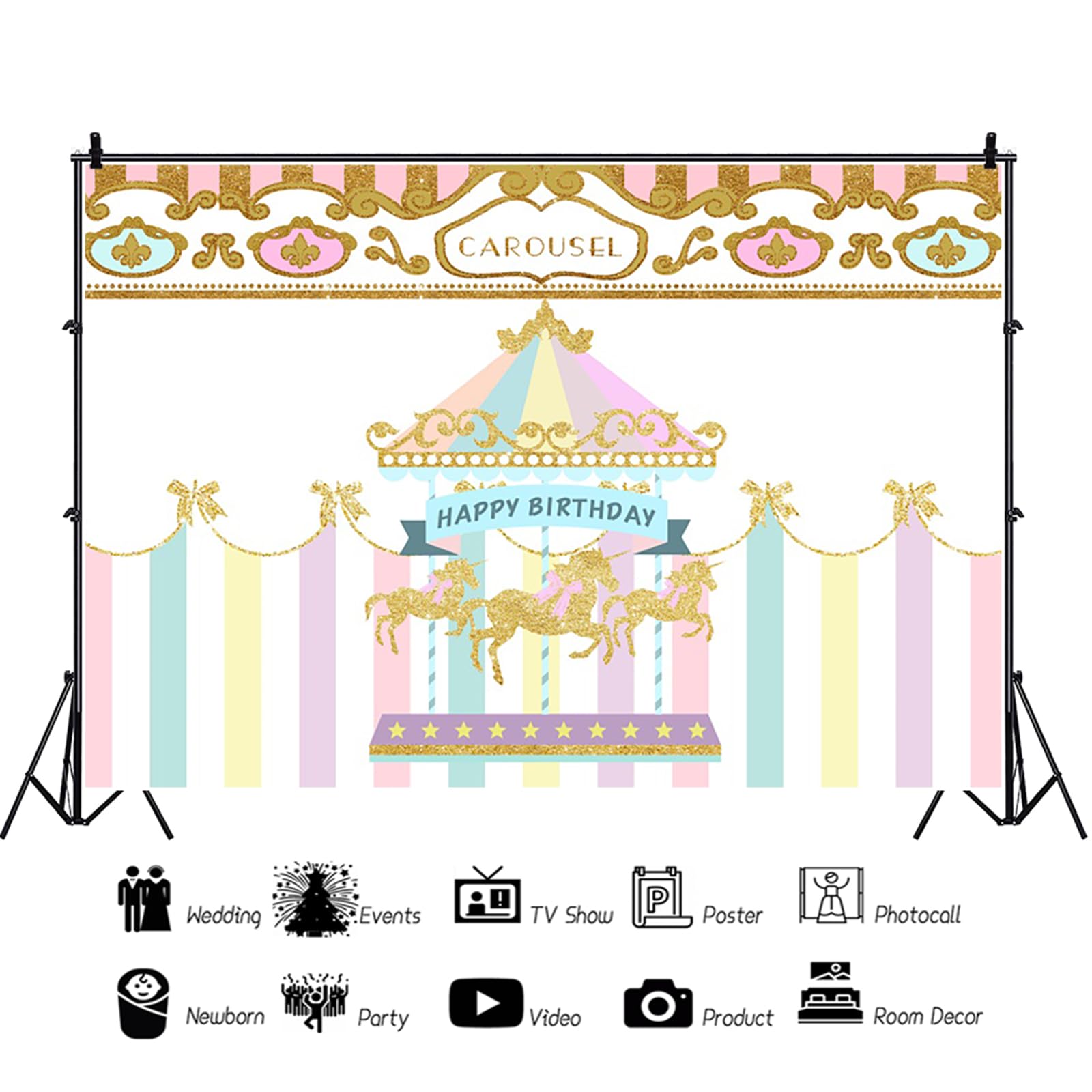 2,4 x 1,8 m Carousel Happy Birthday sfondo rosa striscia tenda oro giostra sfondo fotografia bambina 1 ° compleanno torta decorazioni tavolo forniture foto puntelli