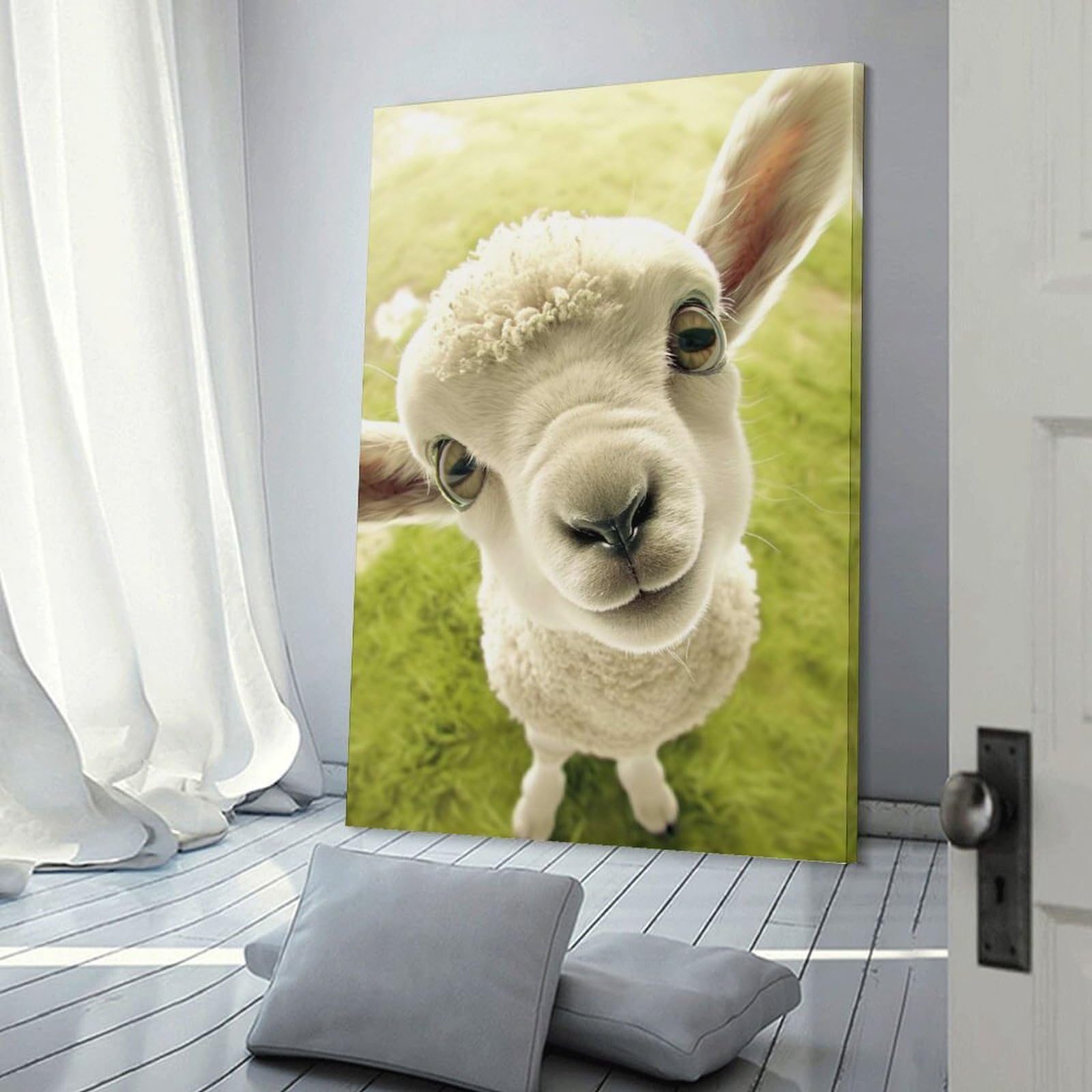Junmoney Canvas Wall Decor Lamb with Big Eyes, 16x24inch(40x60cm), for Bedroom Decor, Cosy Corners Or Studios, Decorative Wall Art for Cosy Rooms