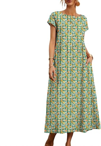 Boho Floral Maxi Dress for Women Short Sleeve Round Neck Summer Casual Sundress with Pockets Lightweight Soft Comfy