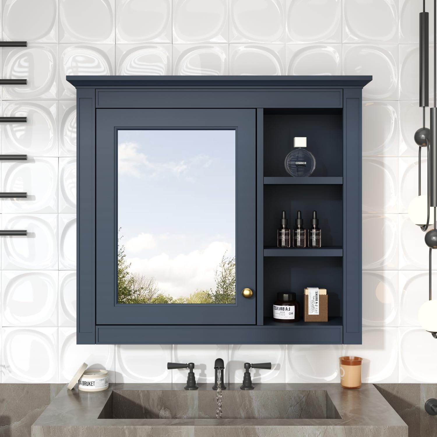 30" x 28" Wall-Mounted Bathroom Storage Cabinet with Mirror and 3 Open Shelves