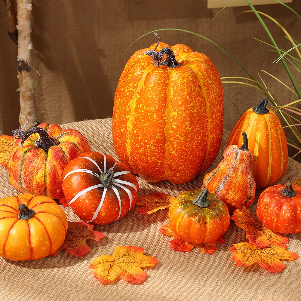 BigOtters Fake Pumpkins, 8PCS Large Harvest Pumpkins Assorted Sizes Orange Artificial Pumpkins with 30PCS Maple Leaves for Halloween Thanksgiving Fall Garland Table Decorations