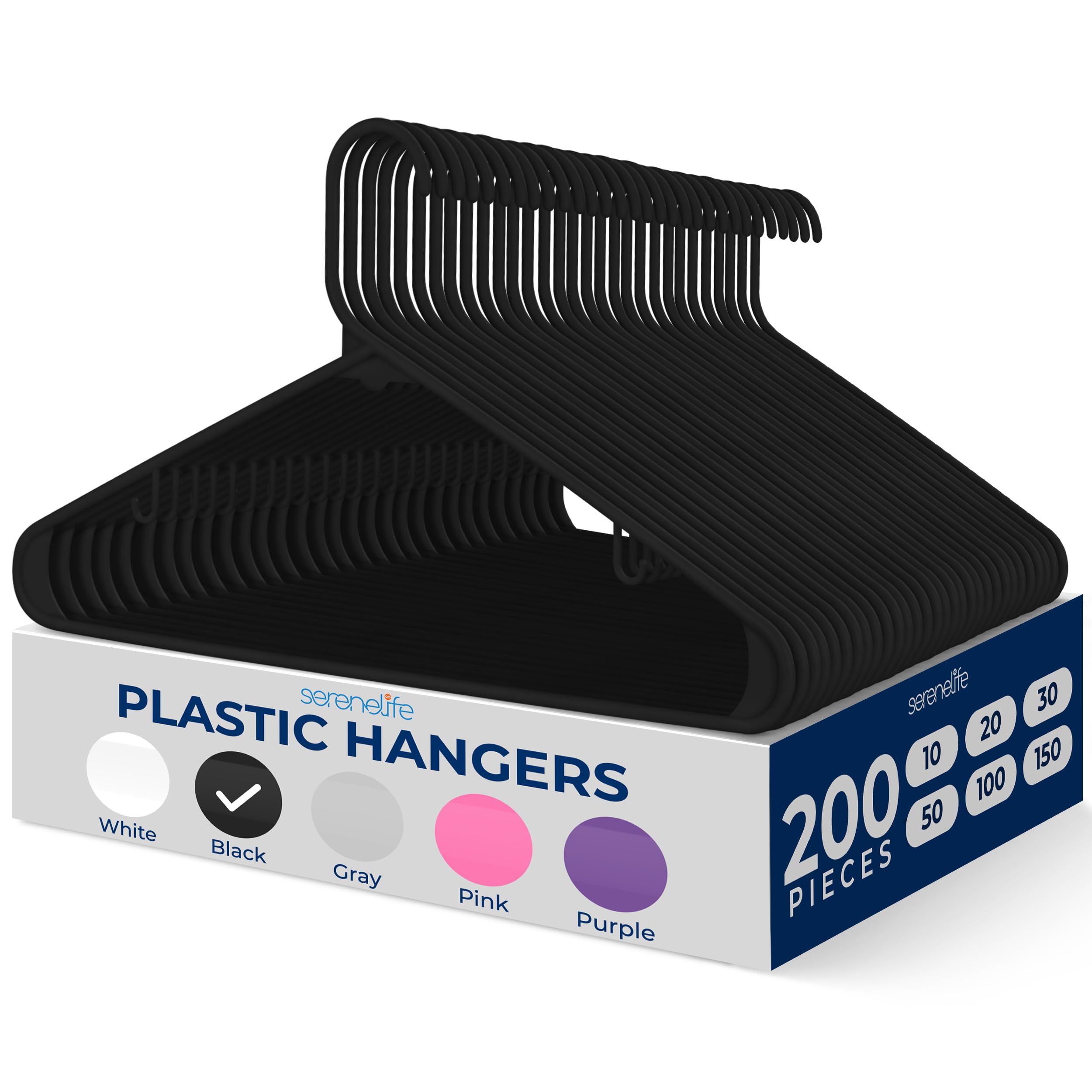serenelife 200 pack plastic hangers, non-slip, space-saving closet organizers, durable and strong for shirts, sweaters, hoodies, kids clothes & dresses, ultra-thin, lightweight