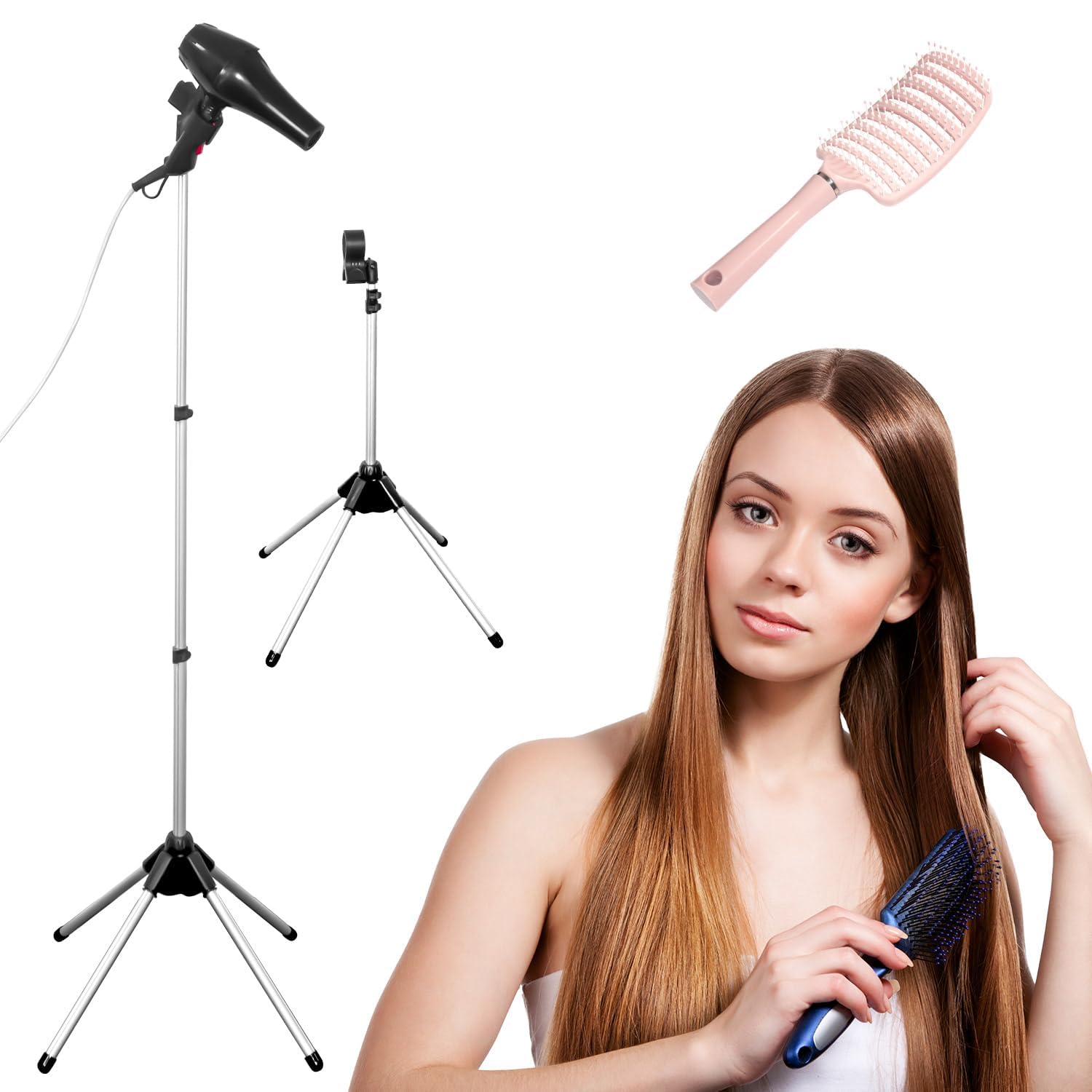 Hands Free Blow Hair Dryer Holder Stand Aid With 360 Deg Rotation, Adjustable Hair Dryer Stand With Tripod And Universal Clip, 360-Degree Rotating Blow Dryer Stand for Bathroom, Vanity, Makeup Room