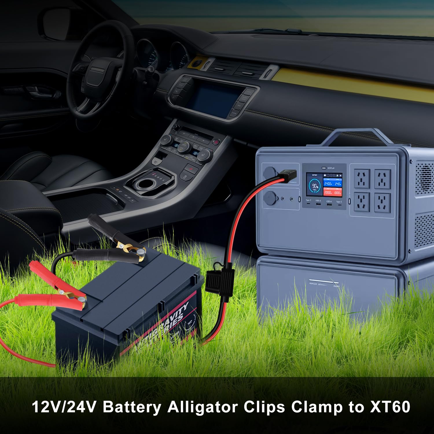 Złącze XT60 z Zaciskami Krokodylkowymi 12 V, 24 V, 20 A, 14 AWG, XT60 do Zacisku Akumulatora z Bezpiecznikiem 20 A do Przenośnych Agregatów Prądotwórczych, Elektronarzędzi itp. (2 m)