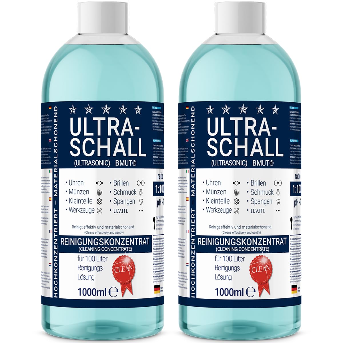 Lot de 2 nettoyants à ultrasons concentrés de 1000 ml | Liquide | pour lunettes, montres, bijoux, prothèses dentaires, etc. dans un bain à ultrasons