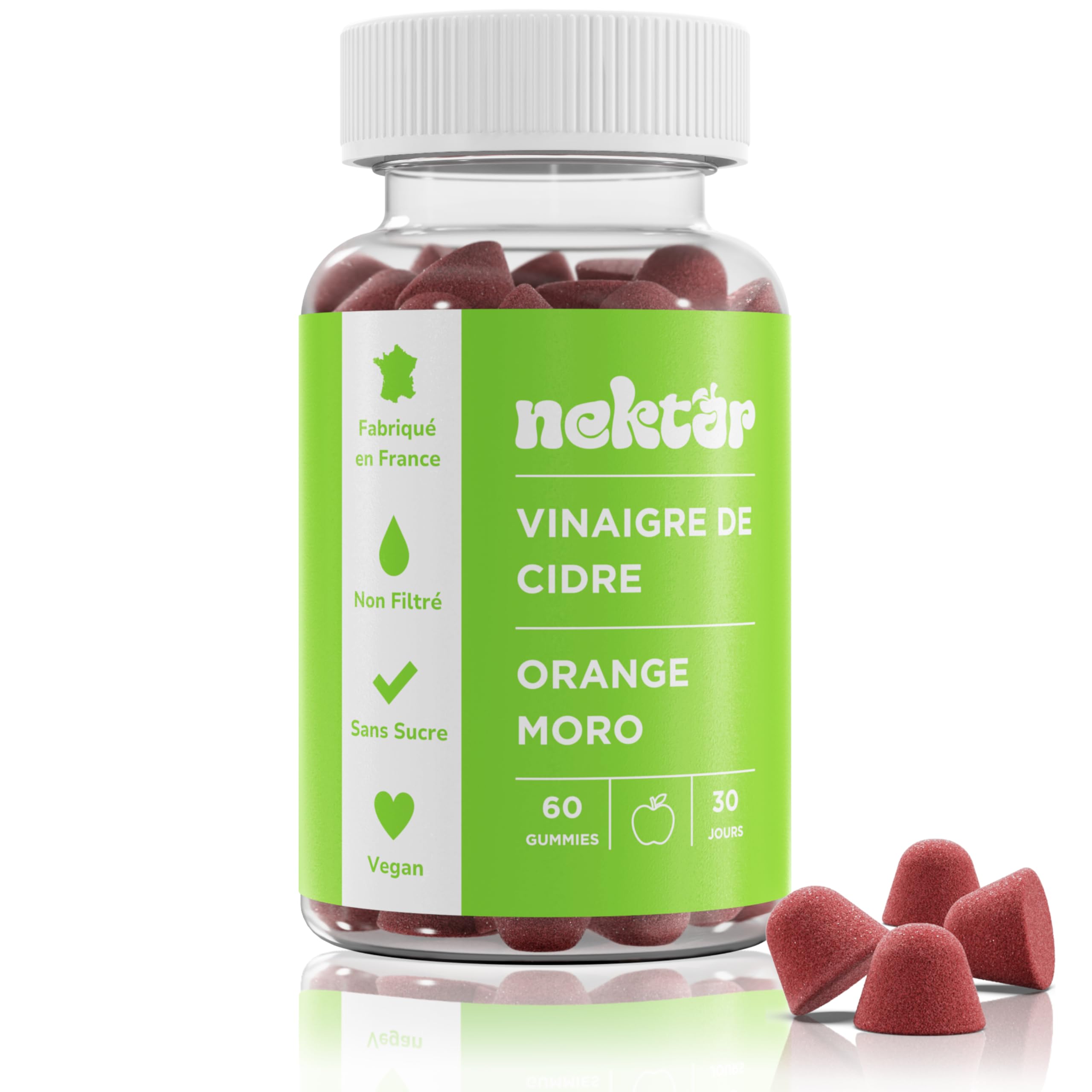 Nektar | Gummies Vinaigre de Cidre 1000mg | Orange Moro | Chrome | Vitamine B6 | Perte de Poids, Digestion, Glycémie & Énergie | Sans Sucre, Vegan | Fabriqué en France