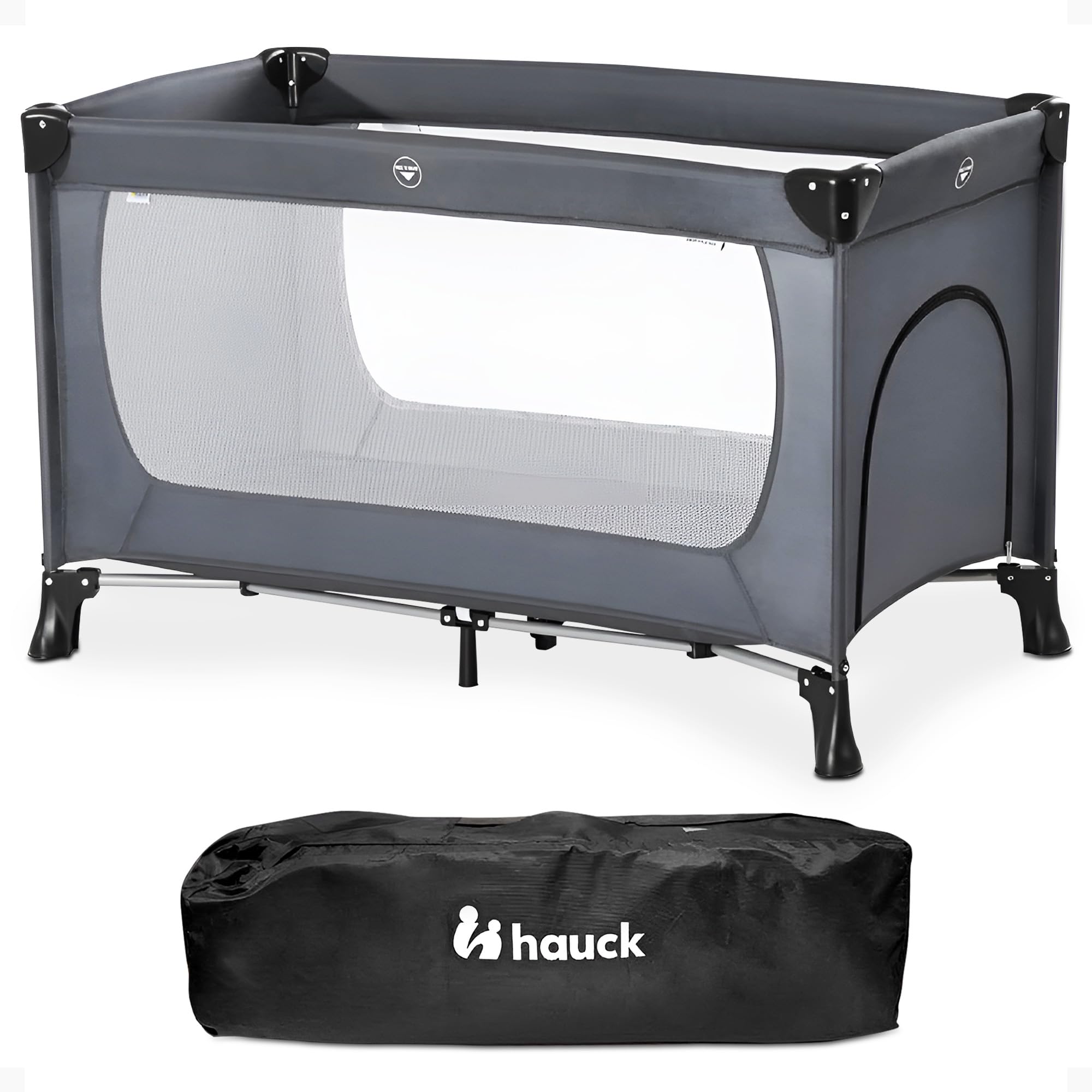 Hauck Travel Cot Dream N Play Plus / for Babys and Toddlers from Birth up to 15 kg / 120 x 60 cm / Side Hatch / Light / Foldable / Compact / Transport Bag Included / Grey