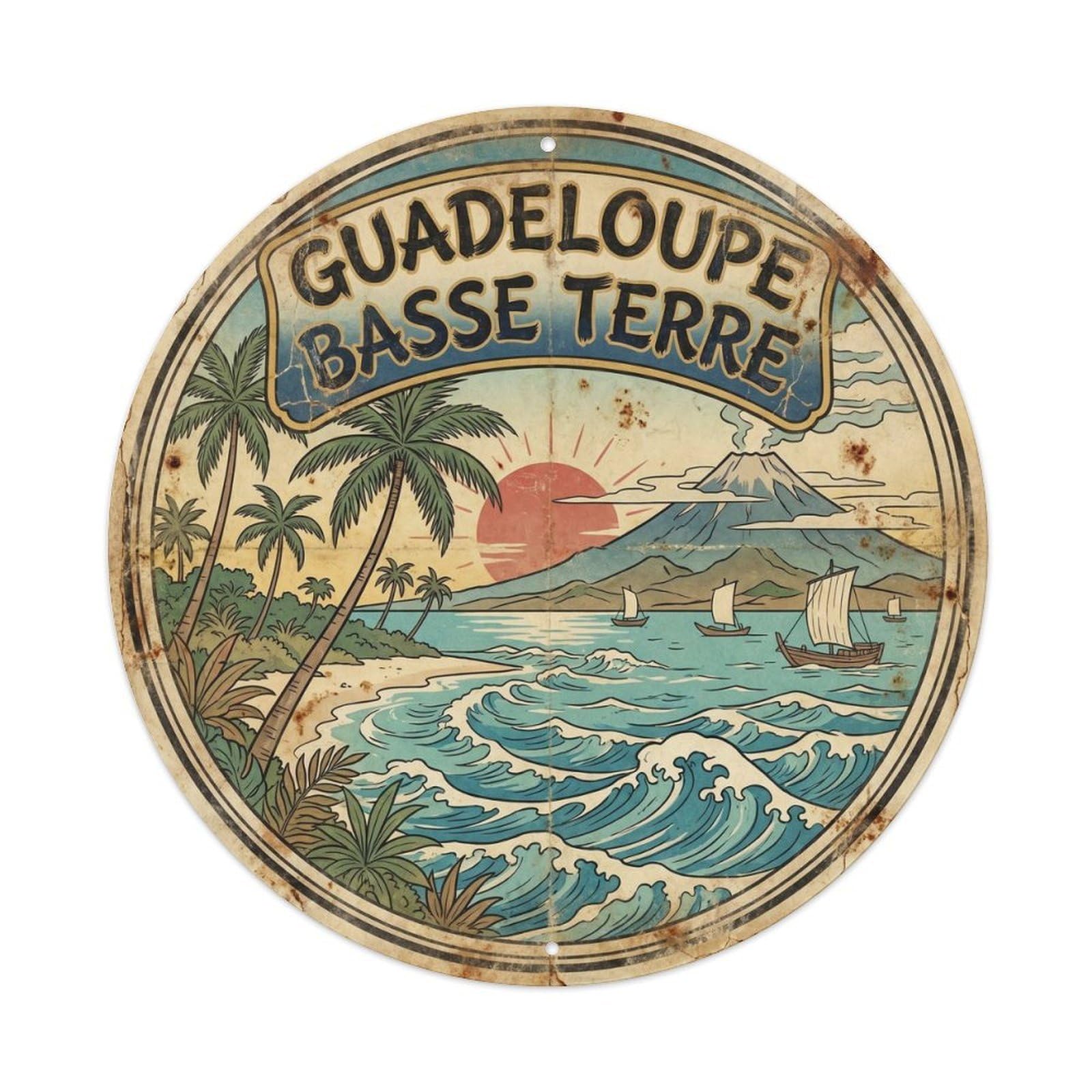 Guadeloupe Baseterre Island Resort Woodblock Metal Tin Sign