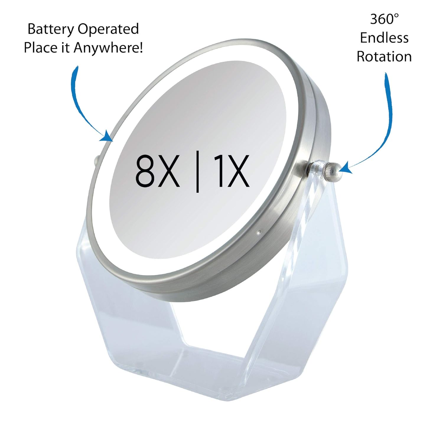 Zadro LED Lighted 8X/1X Magnification Two-Sided Swivel Acrylic Base Vanity Makeup Mirror for Bedroom, Bathroom and Tabletop in Satin Nickel