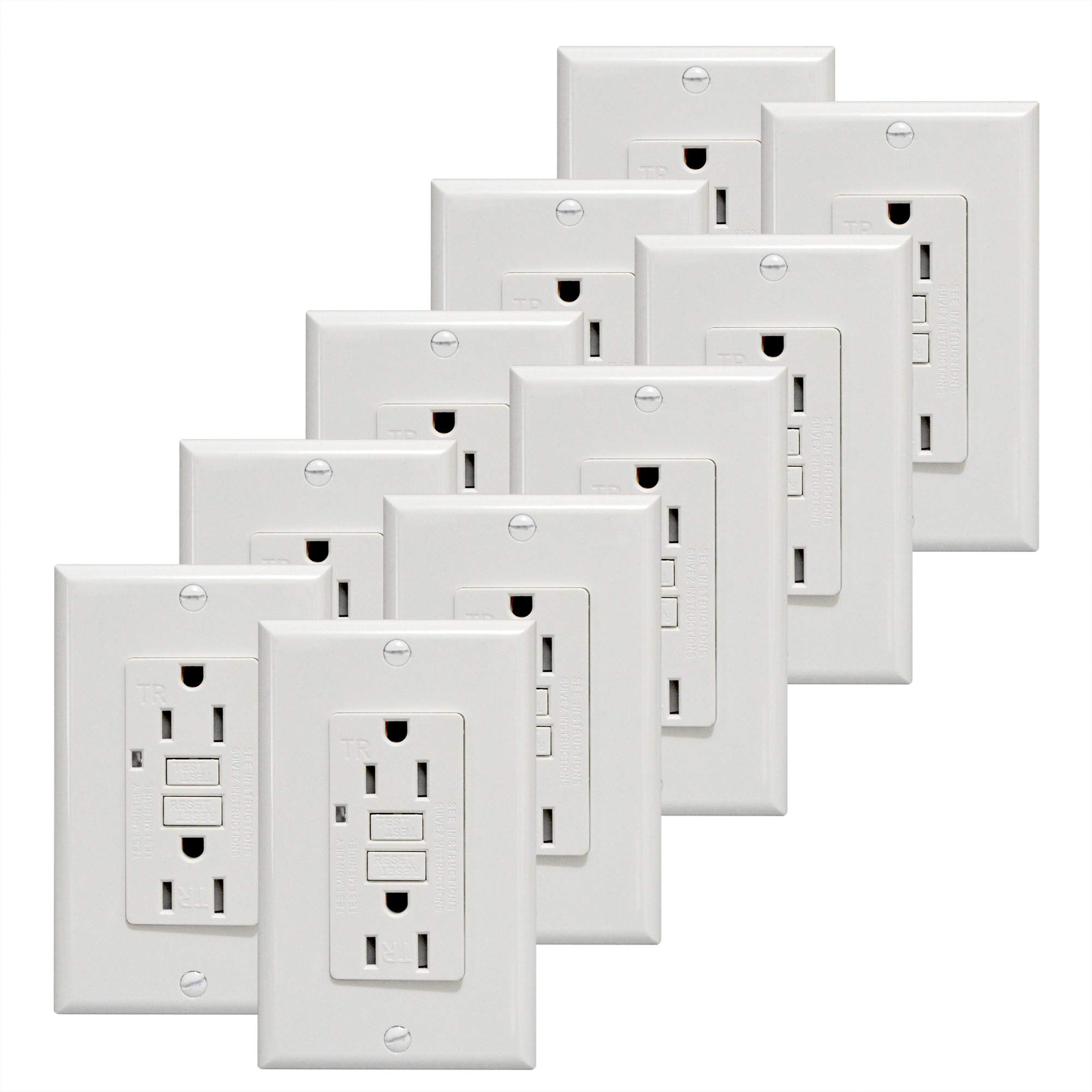 GFCI Outlet 15A Standard Decorative Tamper Resistant Duplex Receptacle with LED Indicator, Ground Fault Circuit Interrupter, Decorative Wallplate, Safelock Protection, UL Listed, White (10)