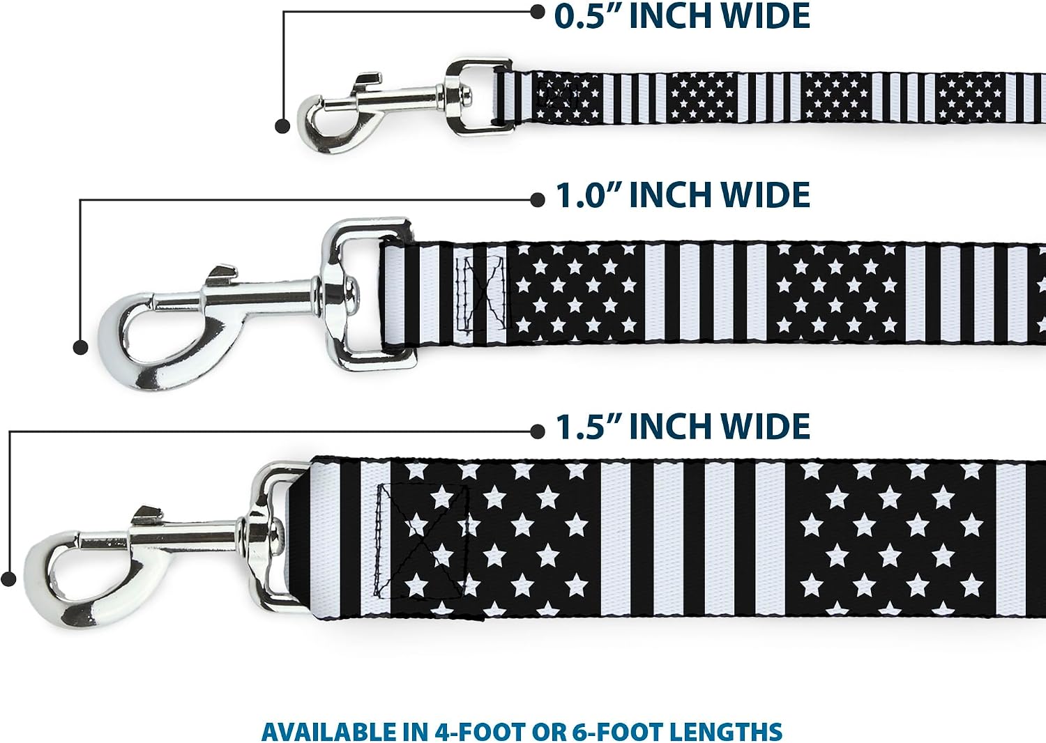 Dog Leash American Flag Close Up Black White 6 Feet Long 1.0 Inch Wide