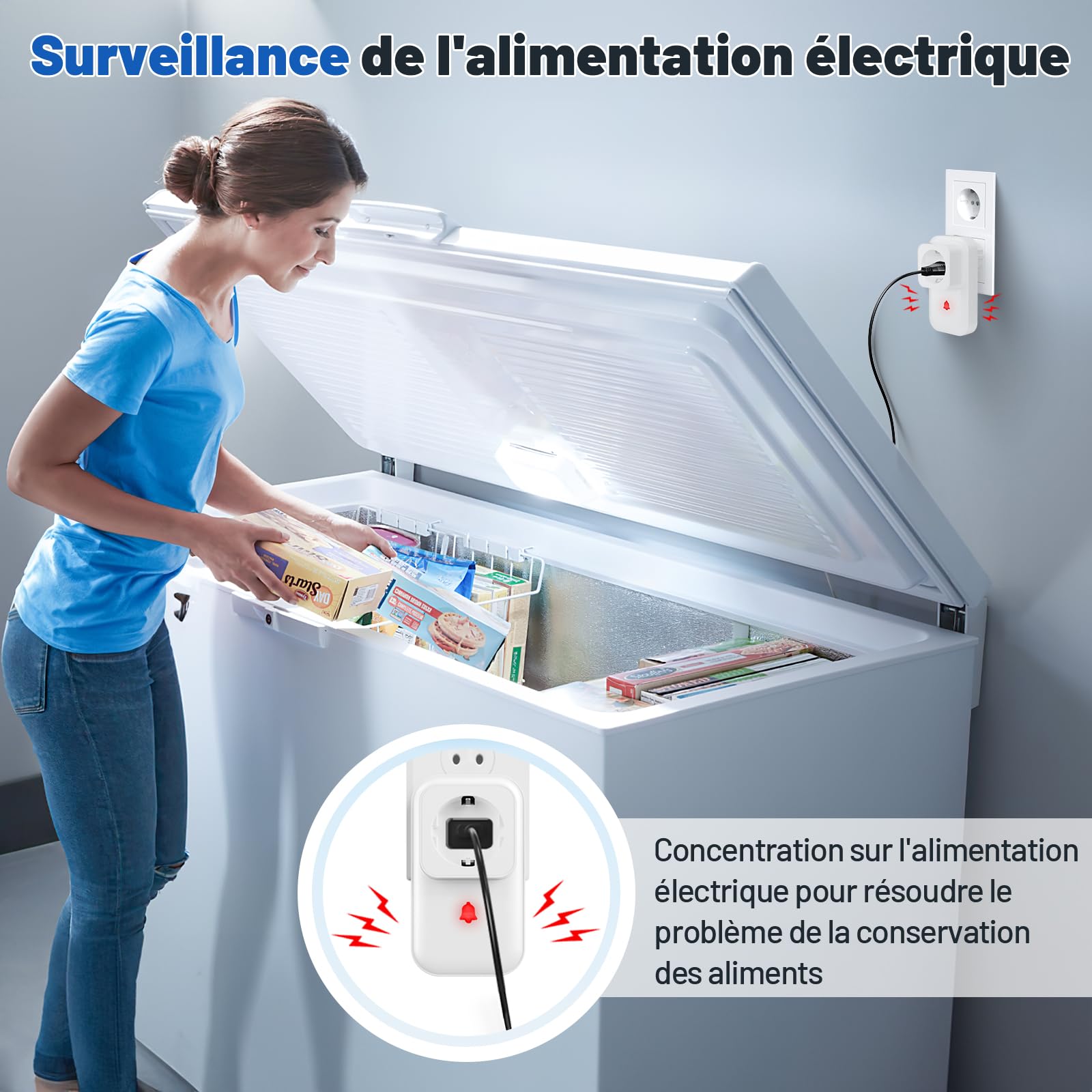 Alarme de Coupure de Courant avec Affichage LED, détecteur de Coupure de Courant avec 5 Niveaux réglables, 0 à 110 DB 7 sonneries, idéal pour la Surveillance des réfrigérateurs