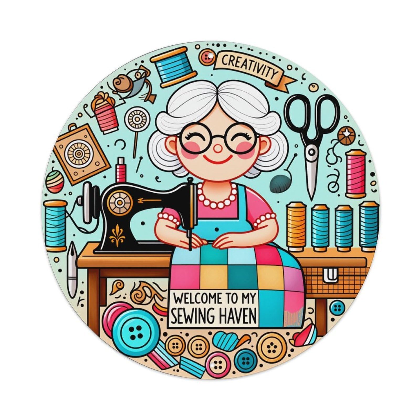 Colorful Sewing Tools And Patterns Round Tin Sign Vintage Metal Poster Retro Bar, Home, Man Cave, Kitchen, Laundry Room Wall Art Decor Gift 8x8Inch