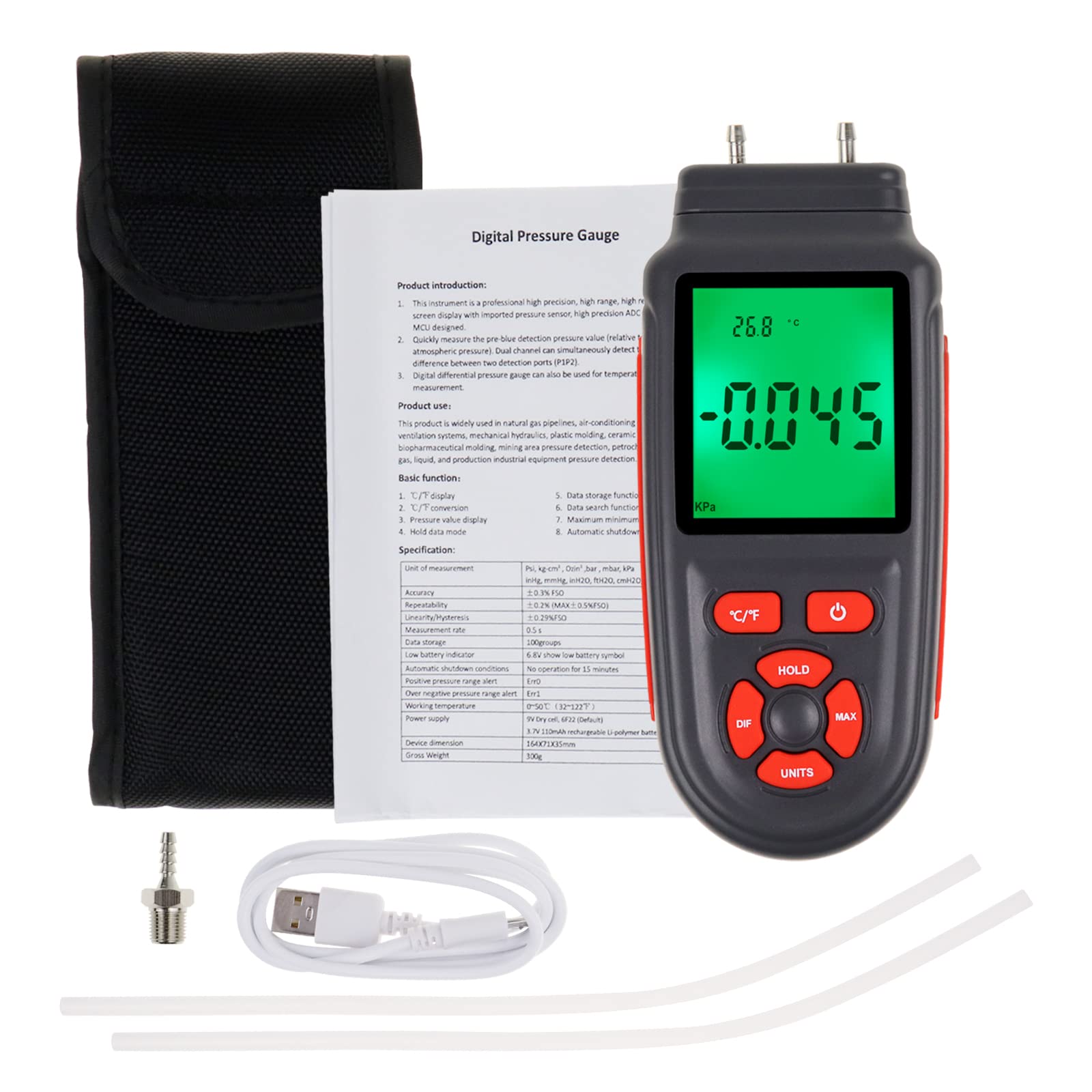 Manometro Multiplo Della Pressione Dell’Aria Hvac ± 2.000 Psi Con Registrazione Dei Dati E Retroilluminazione (12 unità)