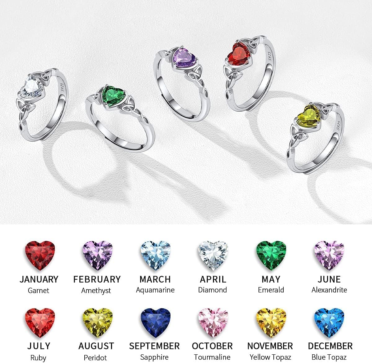 ChicSilver 925 Sterling Silver Celtic Knot/Claddagh Heart Shape Birthstone Promise Ring for Women