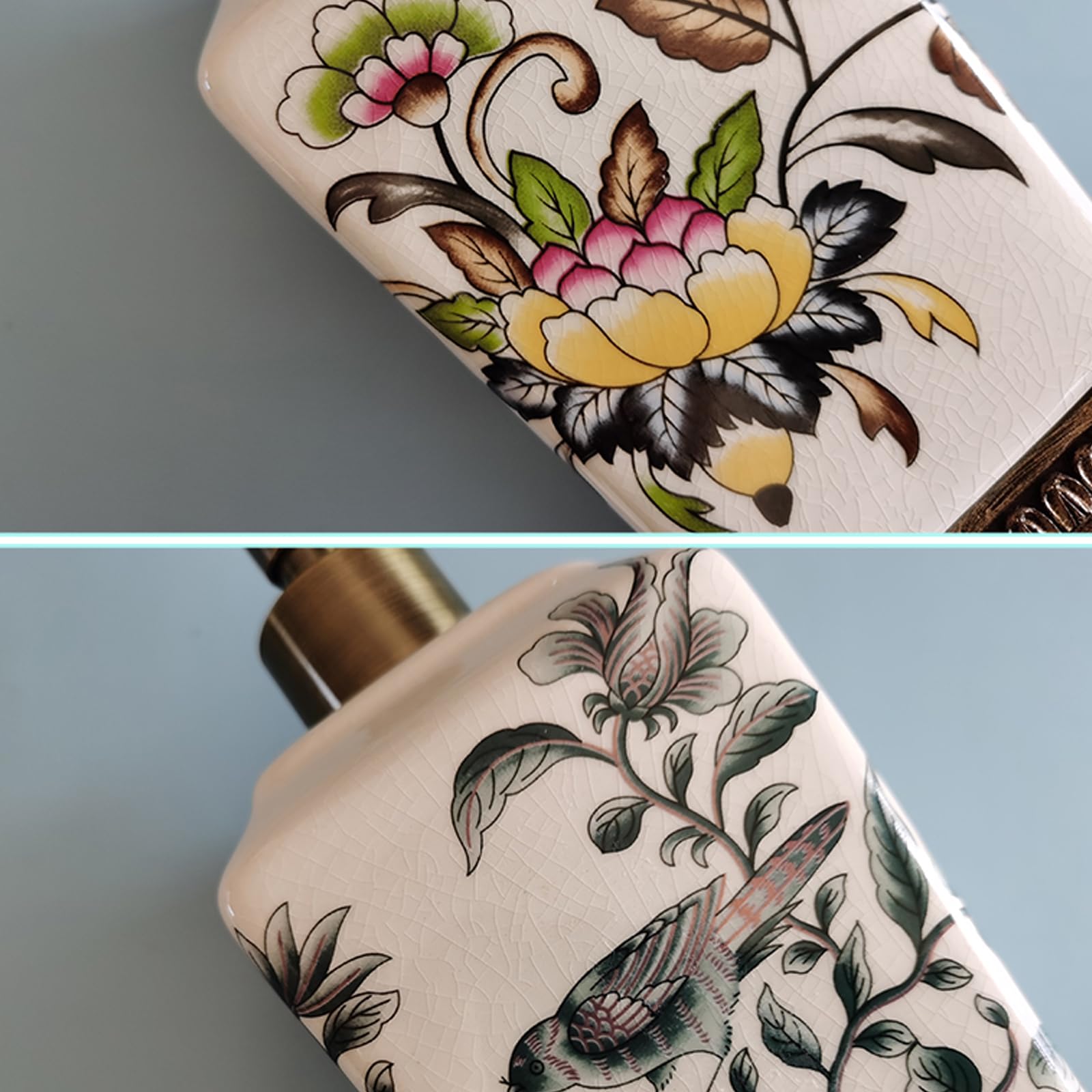 Ceramiczny dozownik balsamu, dozownik odżywki do szamponu, mydło do mycia ciała, spersonalizowane butelki z dozownikiem, do blatu łazienkowego (biały kwiatowy)