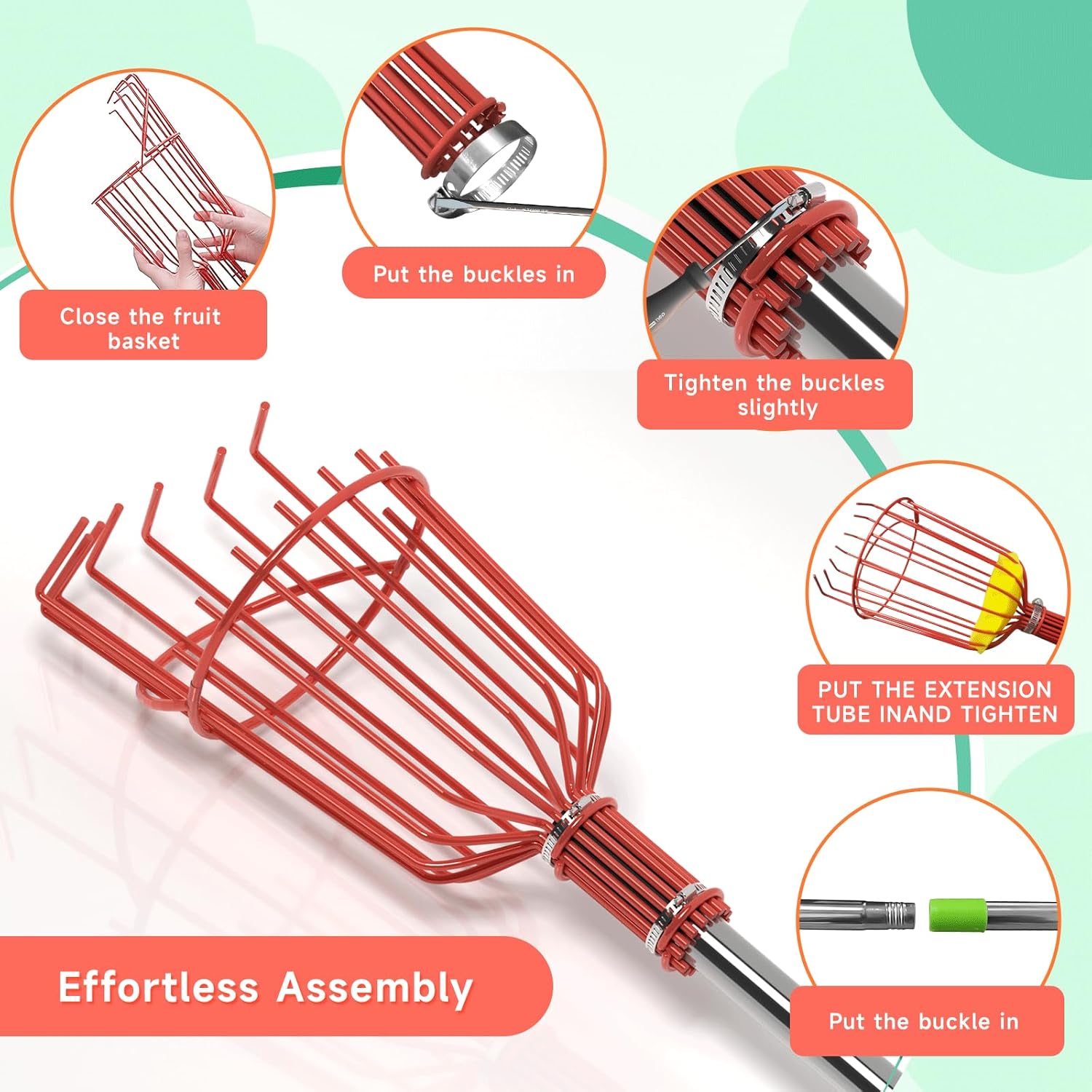 Fruit Picker, 13 FT Adjustable Long Handle Apple Picker Pole with Basket, Fruit Tree Picker for Apple Lemon Orange Mango Avocado Fruit Mango Picking