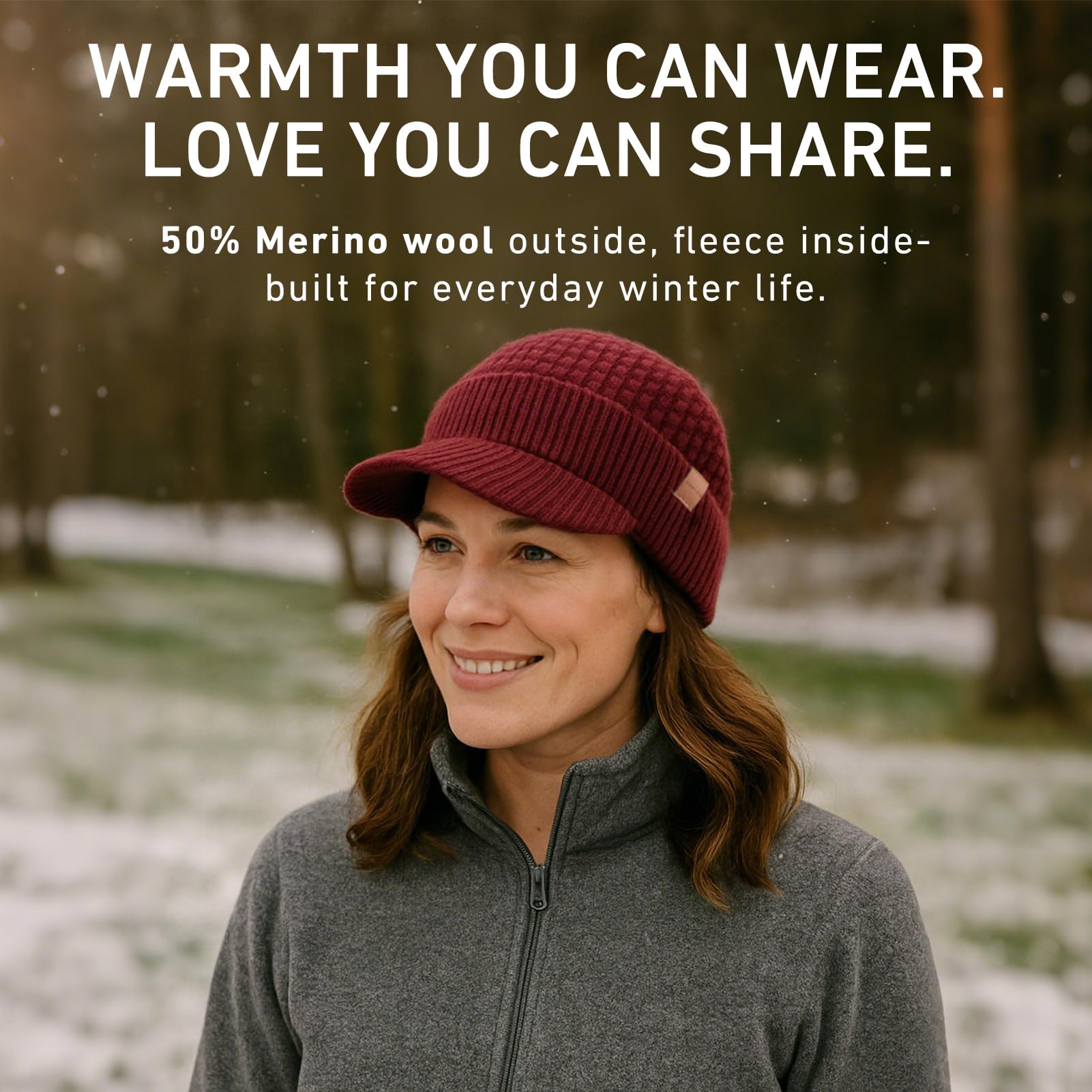 TOP-EX PolarWool™ 50% lana merino con pico para hombre y mujer con forro polar, visera térmica de invierno para clima frío, M-XXL