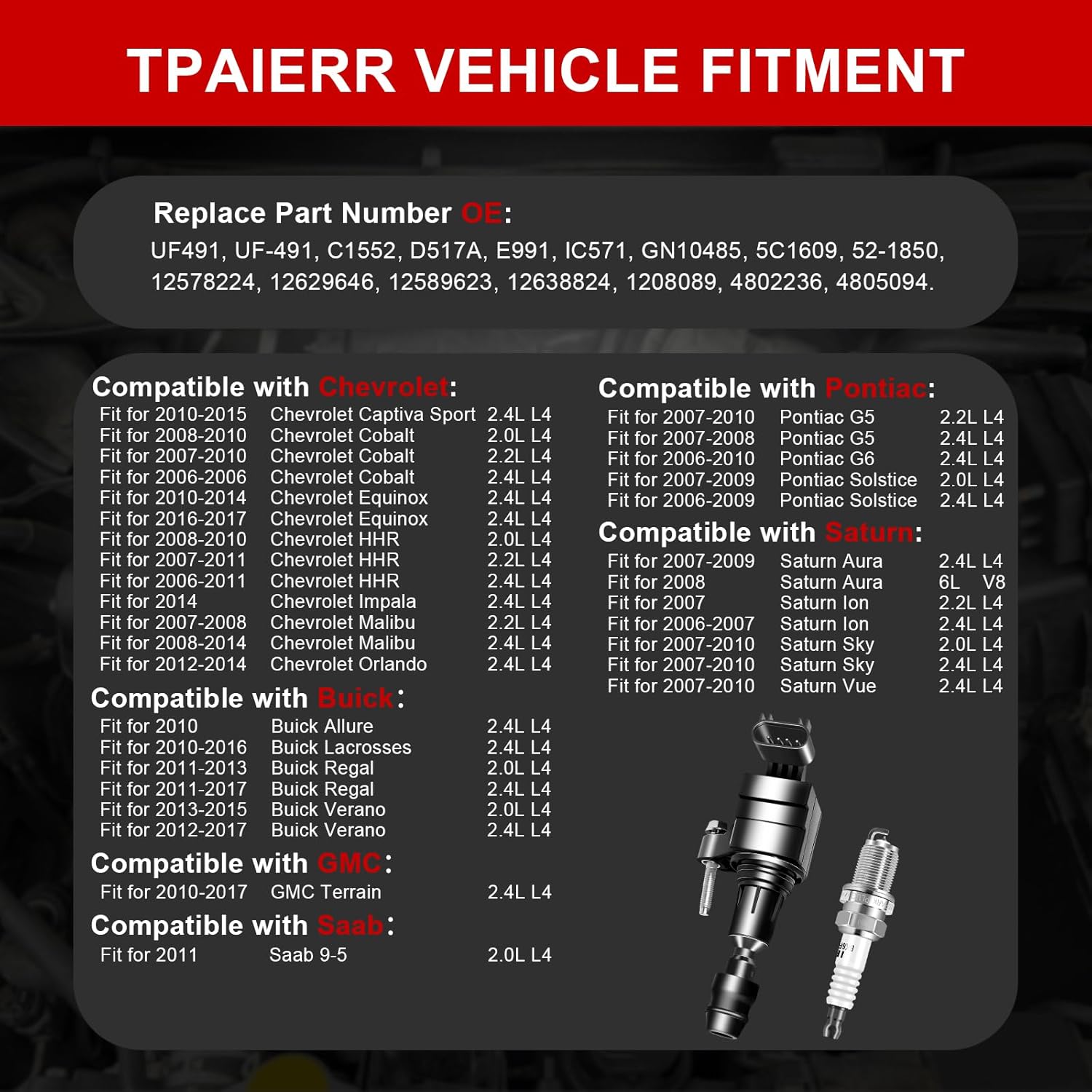 UF491 & XP5263 Ignition Coil Pack and Iridium Spark Plugs Set of 4 OEM Automotive Compatible with Buick Regal Verano/Chevy Cobalt Equinox Malibu/GMC Terrain UF645 12638824 C1552 D522C