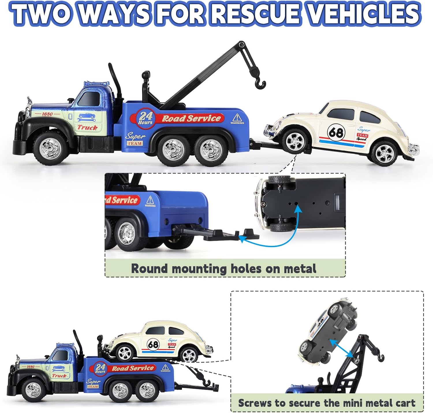haomsj Mini Rc Tow Truck Toy with Mini Metal Car Set 2PCS,City Service Vehicle Remote Control Tow Truck Toys for Kids Boys Gifts 3-5 4-7 8-12 Years Old, 1:64 Scale Cars Trailer Toy with Light(Blue)