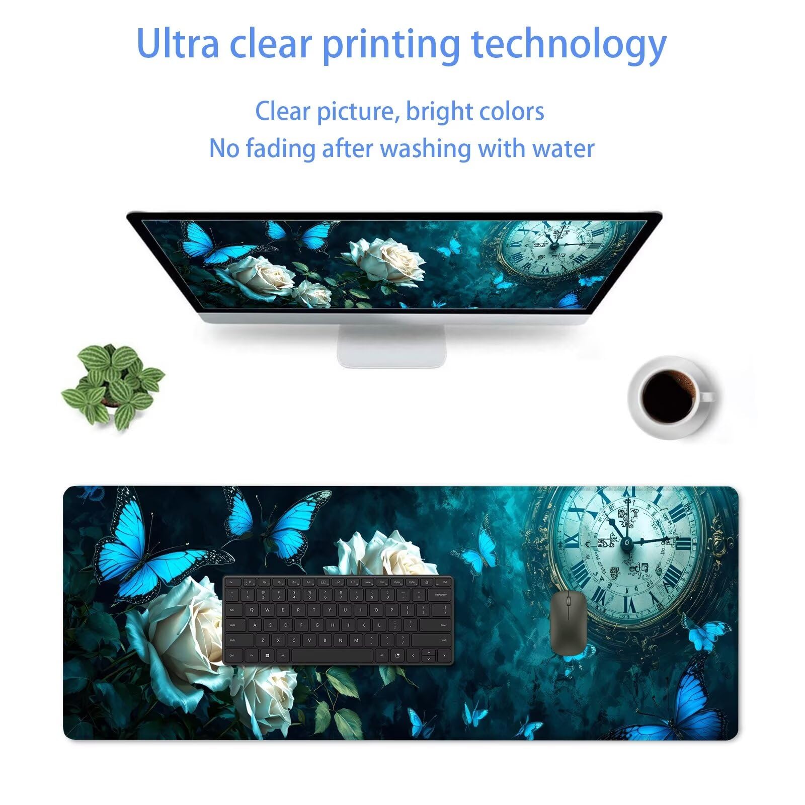 Blu Tappetino Mouse Gaming, Tappetino Mouse XXL 1200 x 500 mm, Tappetino Mouse Fiore, Mouse Pad con Base Antiscivolo, Bordi Cuciti Tappetino per Mouse, Tappetino Mouse Gaming di Alta Precisione S-382