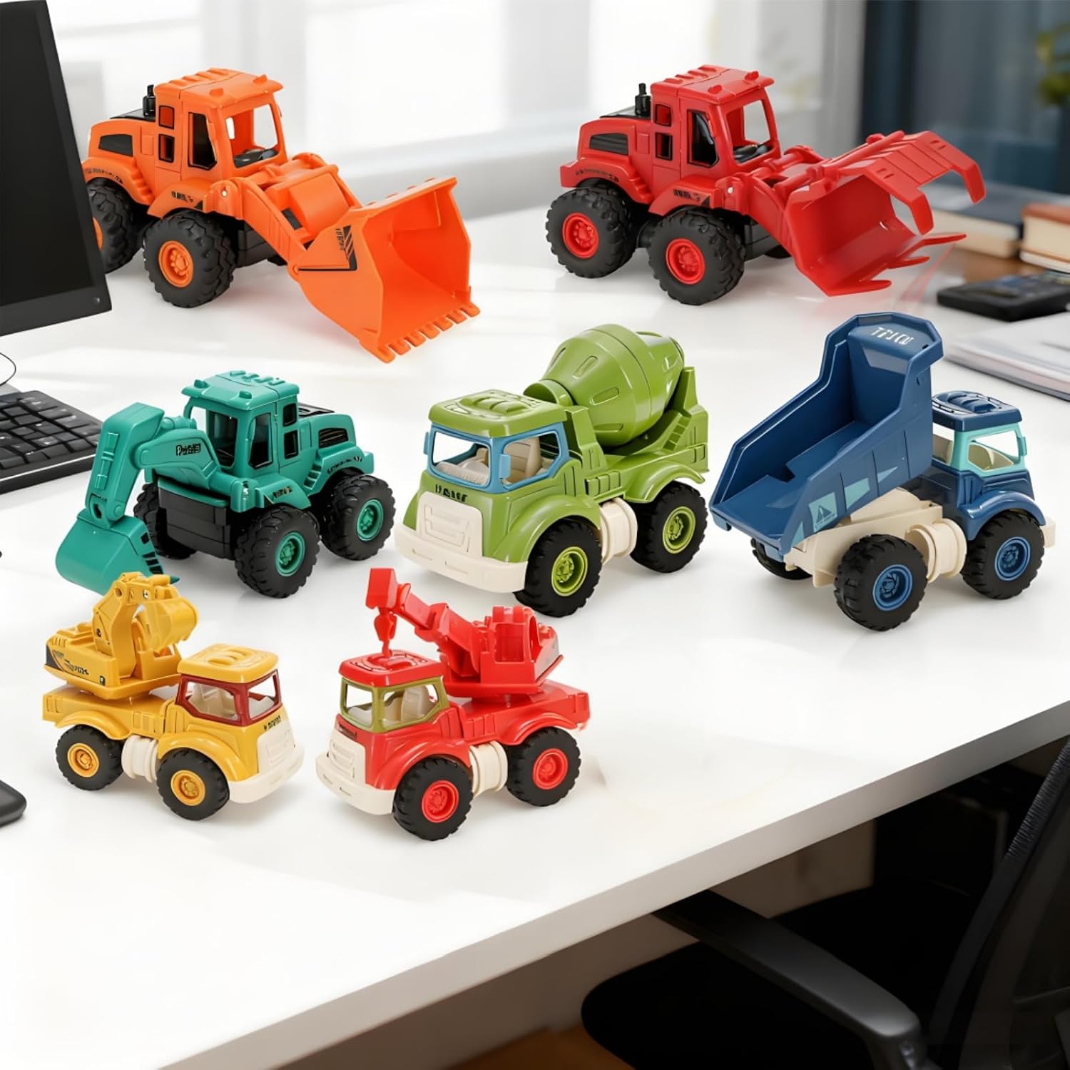 8 Pieces Construction Car Decor, Construction Vehicles, Truck, Excavator, Bulldozer, Mixer, Crane for Sandbox