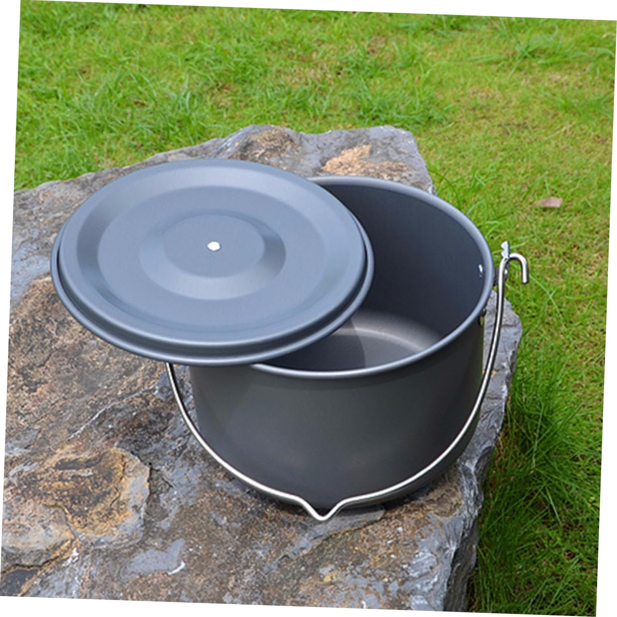 POPETPOP Casserole Suspendue de Camping en Alliage D’Aluminium 5-8 Personnes Poignée Pliable Antidérapante pour Vaisselle de Plein Air Randonnée Pique-niques