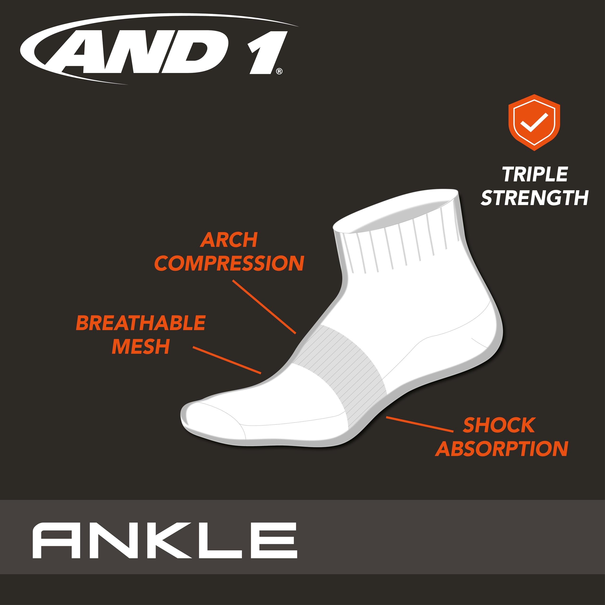 AND1 Herren Athletic Arch Compression Cushion Comfort Quarter Cut Socken (12er-Pack)